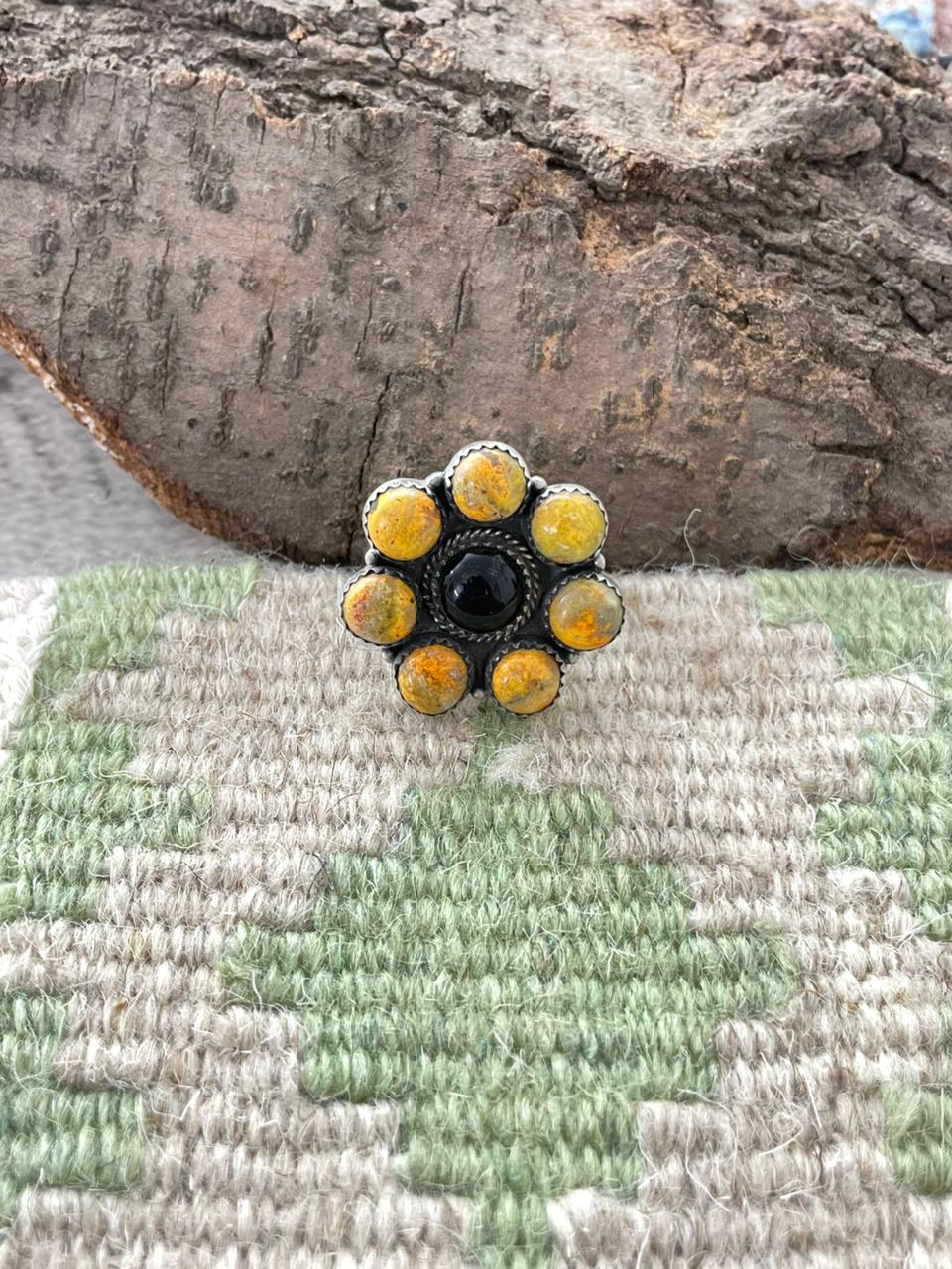 "Halloween Collection" Handmade Sterling Silver Black Onyx, Bumblebee Adjustable Ring with Signed Nizhoni