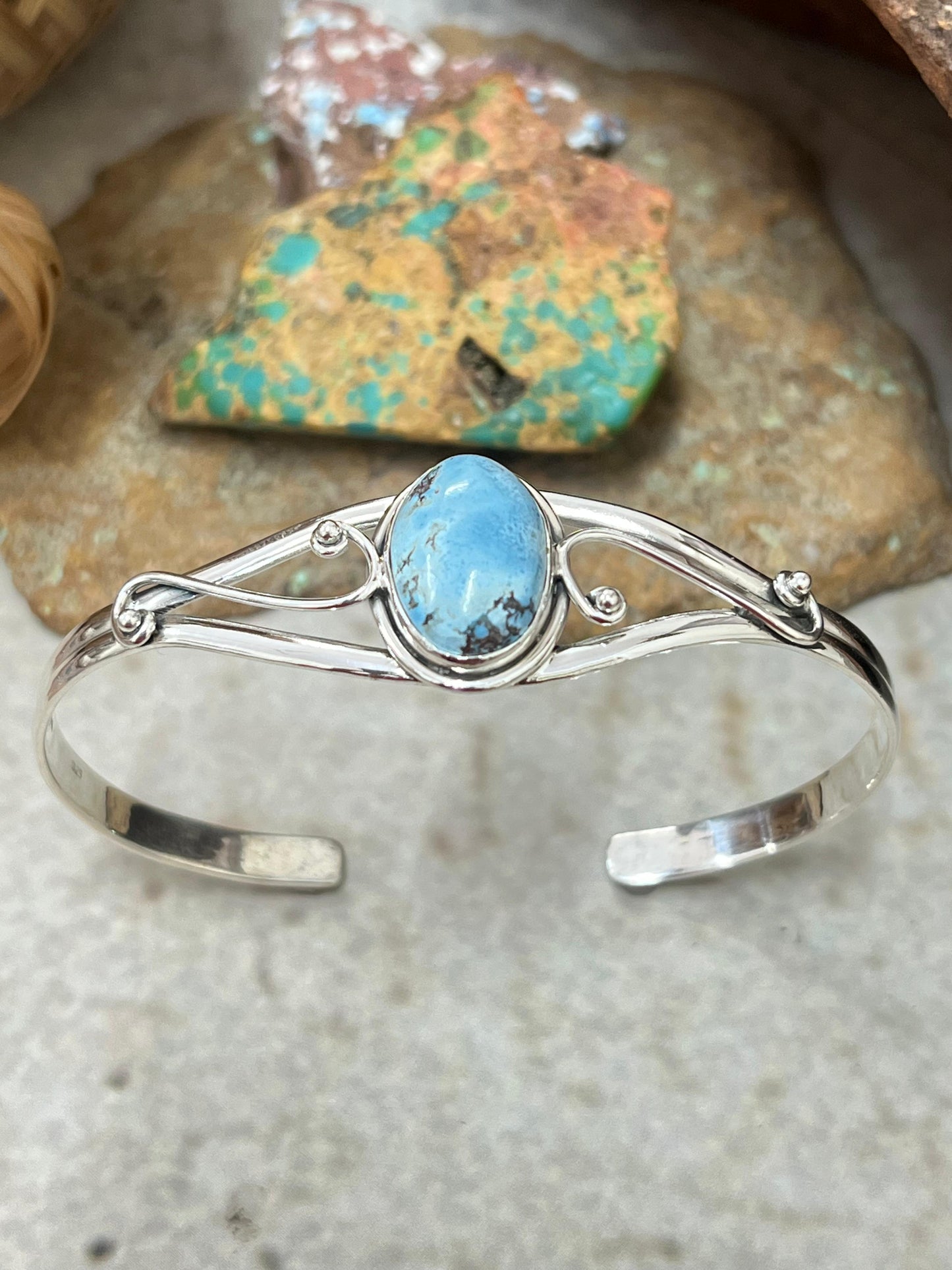 "Halloween Collection" Handmade Sterling Silver Golden Hills Turquoise Cuff Bracelet with Signed Nizhoni