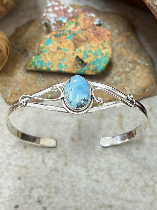 "Halloween Collection" Handmade Sterling Silver Golden Hills Turquoise Cuff Bracelet with Signed Nizhoni