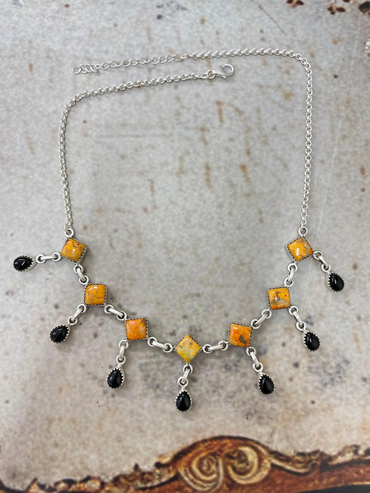 "Halloween Collection" Handmade Sterling Silver Black Onyx, Bumblebee Necklace with Signed Nizhoni