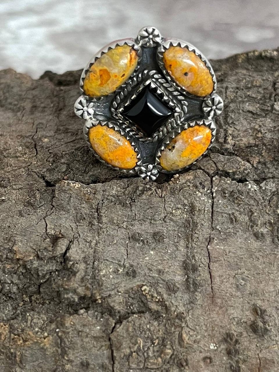 "Halloween Collection" Handmade Sterling Silver Black Onyx, Bumblebee Ring with Signed Nizhoni