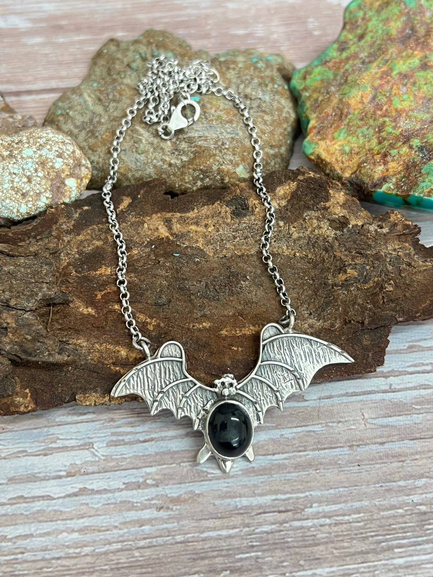 "Halloween Collection" Handmade Sterling Silver Black Onyx Bat Necklace with Signed Nizhoni