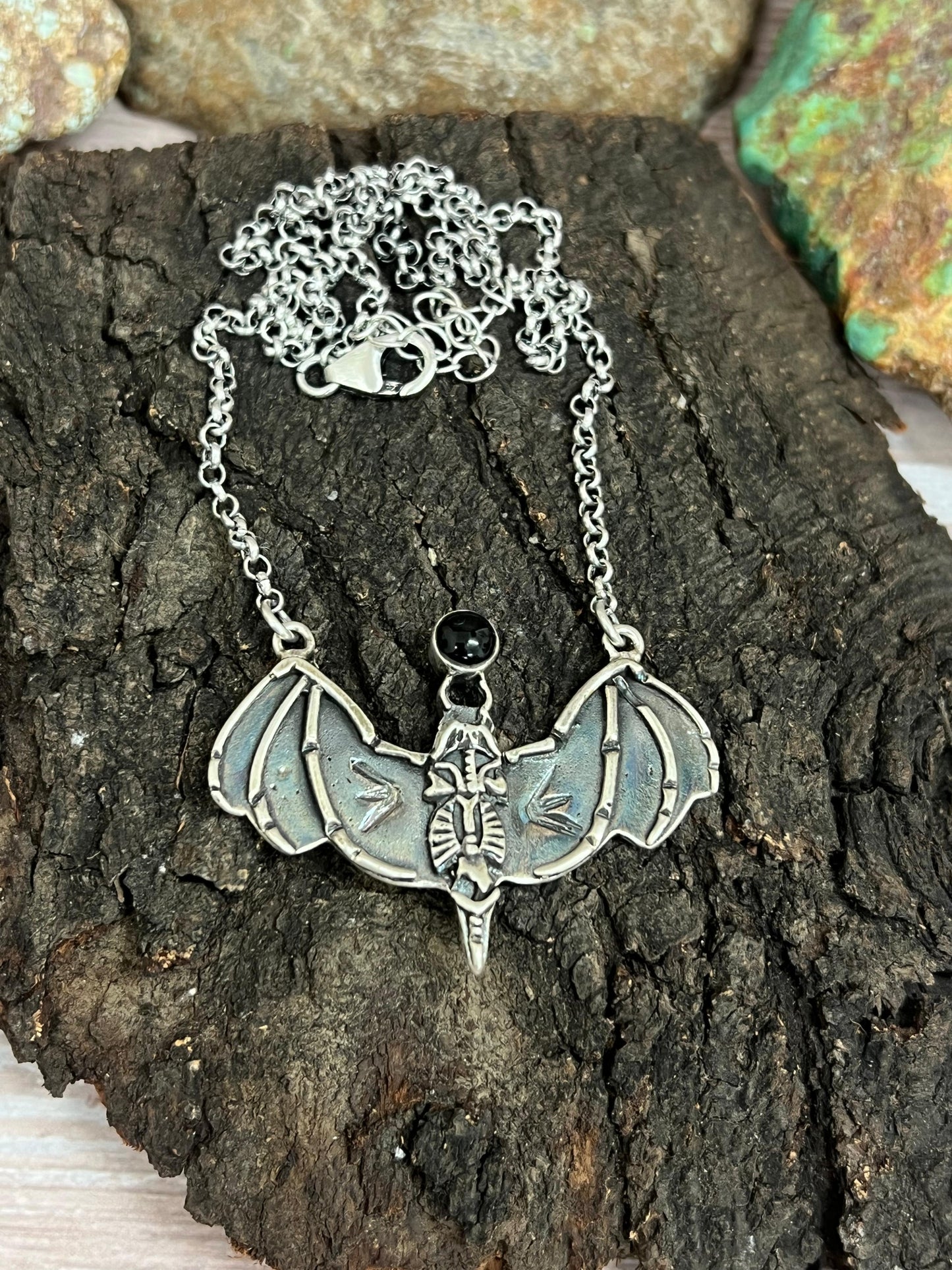 "Halloween Collection" Handmade Sterling Silver Black Onyx Bat Necklace with Signed Nizhoni