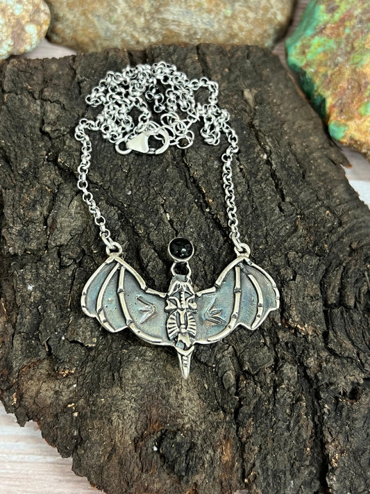 "Halloween Collection" Handmade Sterling Silver Black Onyx Bat Necklace with Signed Nizhoni