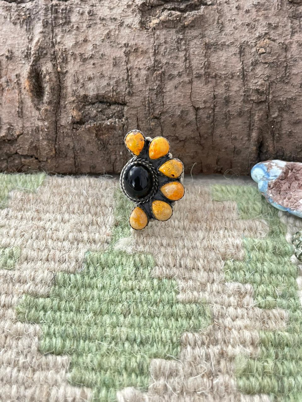 "Halloween Collection" Handmade Sterling Silver Black Onyx, Bumblebee Adjustable Ring with Signed Nizhoni