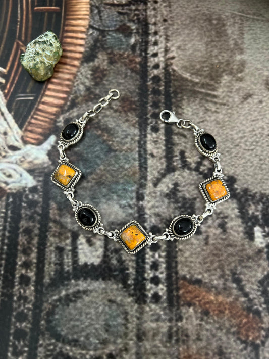 "Halloween Collection" Handmade Sterling Silver Black Onyx, Bumblebee Chain Bracelet with Signed Nizhoni