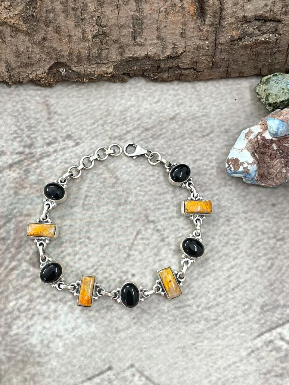 "Halloween Collection" Handmade Sterling Silver Black Onyx, Bumblebee Chain Bracelet with Signed Nizhoni