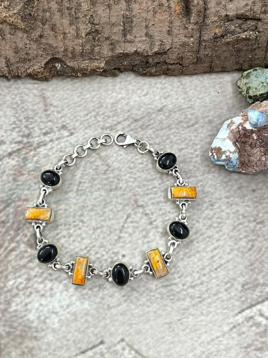 "Halloween Collection" Handmade Sterling Silver Black Onyx, Bumblebee Chain Bracelet with Signed Nizhoni