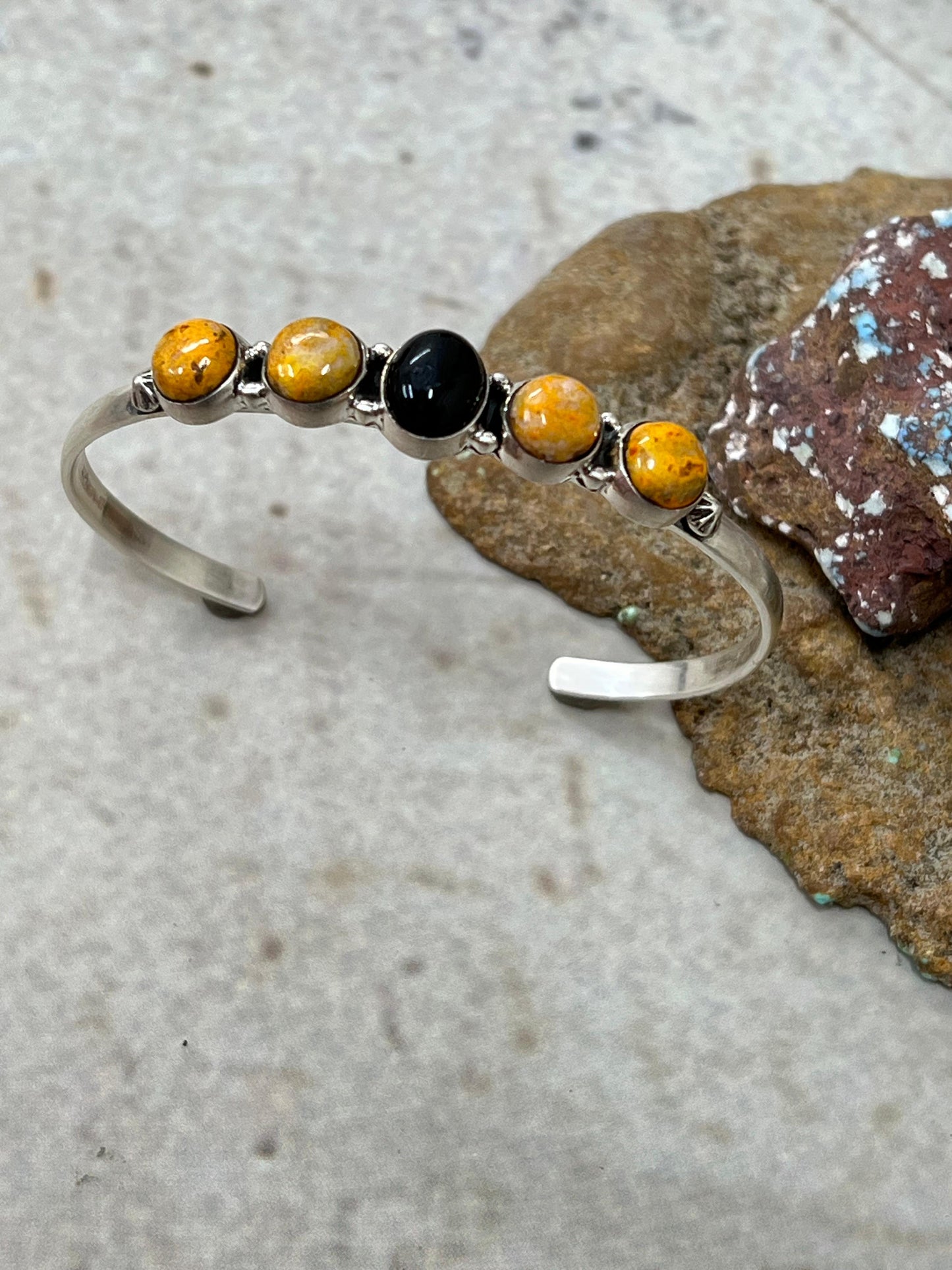 "Halloween Collection" Handmade Sterling Silver Black Onyx, Bumblebee Cuff Bracelet with Signed Nizhoni