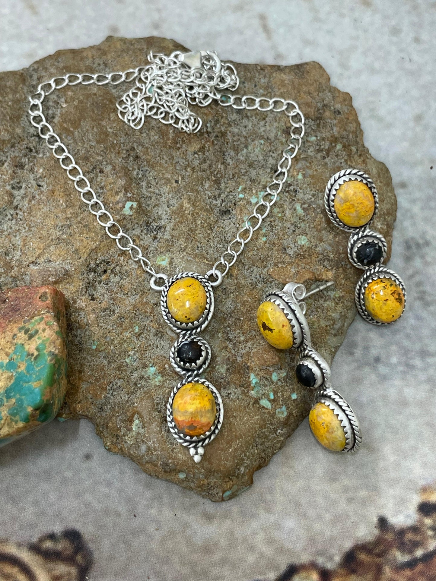 "Halloween Collection" Handmade Sterling Silver Black Onyx, Bumblebee Necklace with Signed Nizhoni