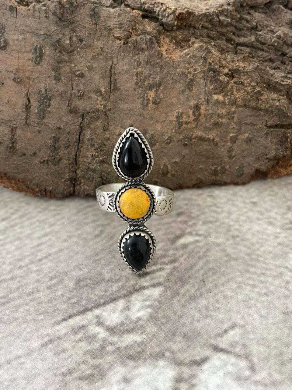 "Halloween Collection" Handmade Sterling Silver Black Onyx, Bumblebee Adjustable Ring with Signed Nizhoni