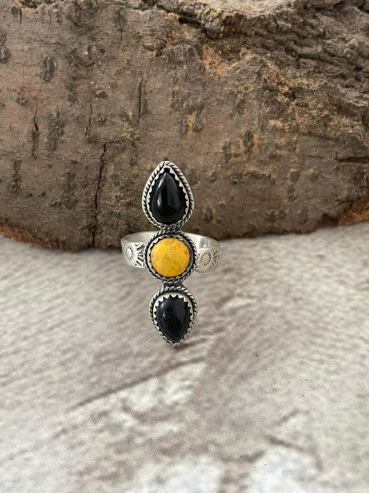 "Halloween Collection" Handmade Sterling Silver Black Onyx, Bumblebee Adjustable Ring with Signed Nizhoni