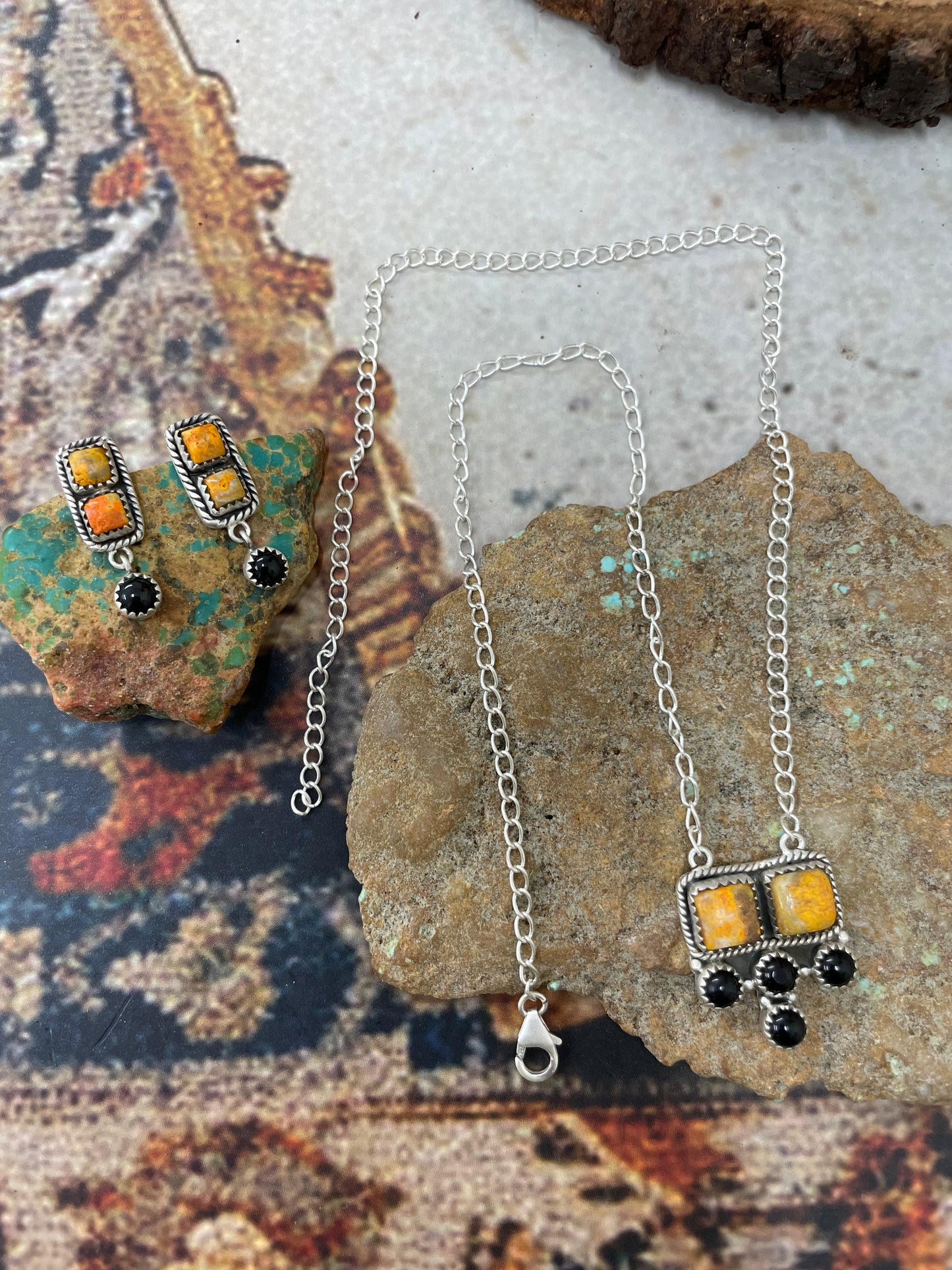 "Halloween Collection" Handmade Sterling Silver Black Onyx, Bumblebee Necklace with Signed Nizhoni
