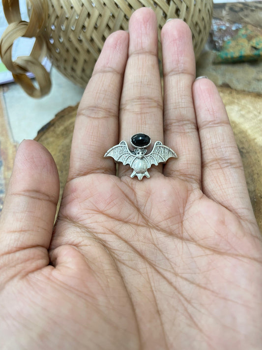"Halloween Collection" Handmade Sterling Silver Black Onyx Bat Ring with Signed Nizhoni