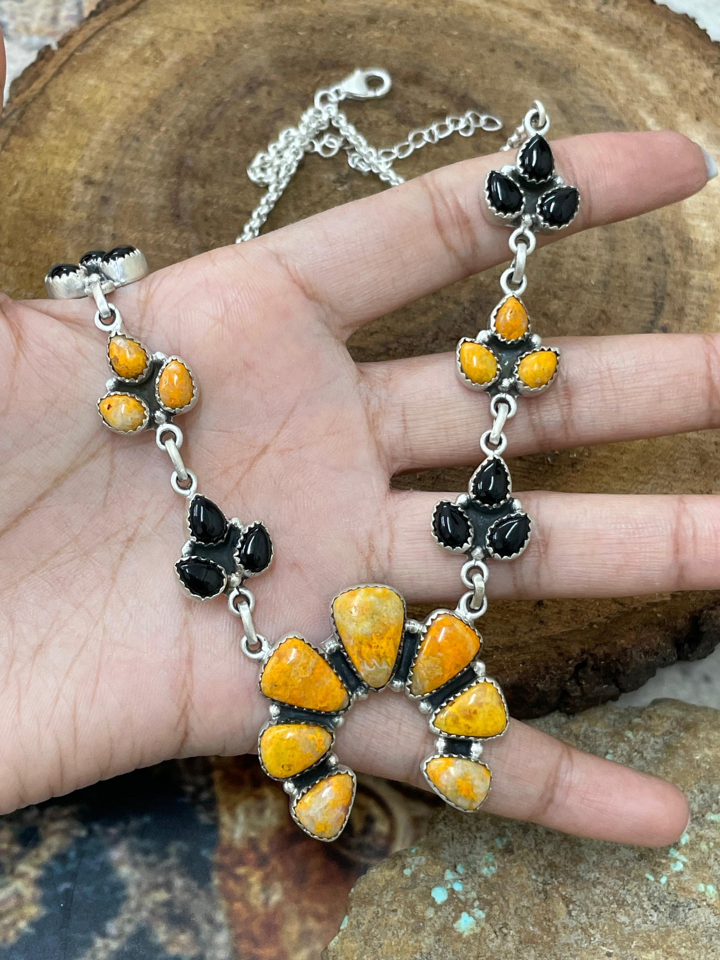 "Halloween Collection" Handmade Sterling Silver Black Onyx, Bumblebee Naja Necklace with Signed Nizhoni