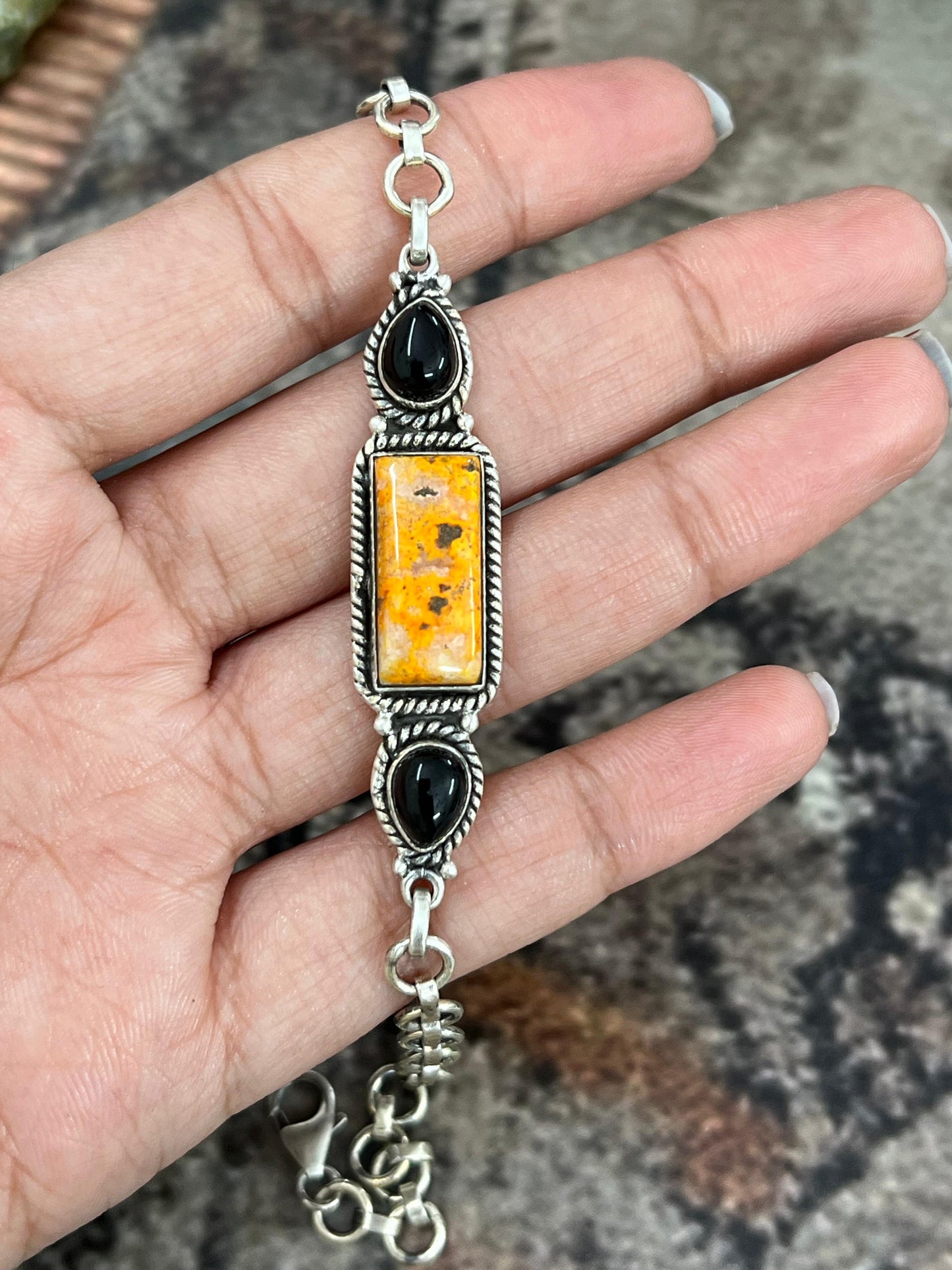 "Halloween Collection" Handmade Sterling Silver Black Onyx, Bumblebee Chain Bracelet with Signed Nizhoni