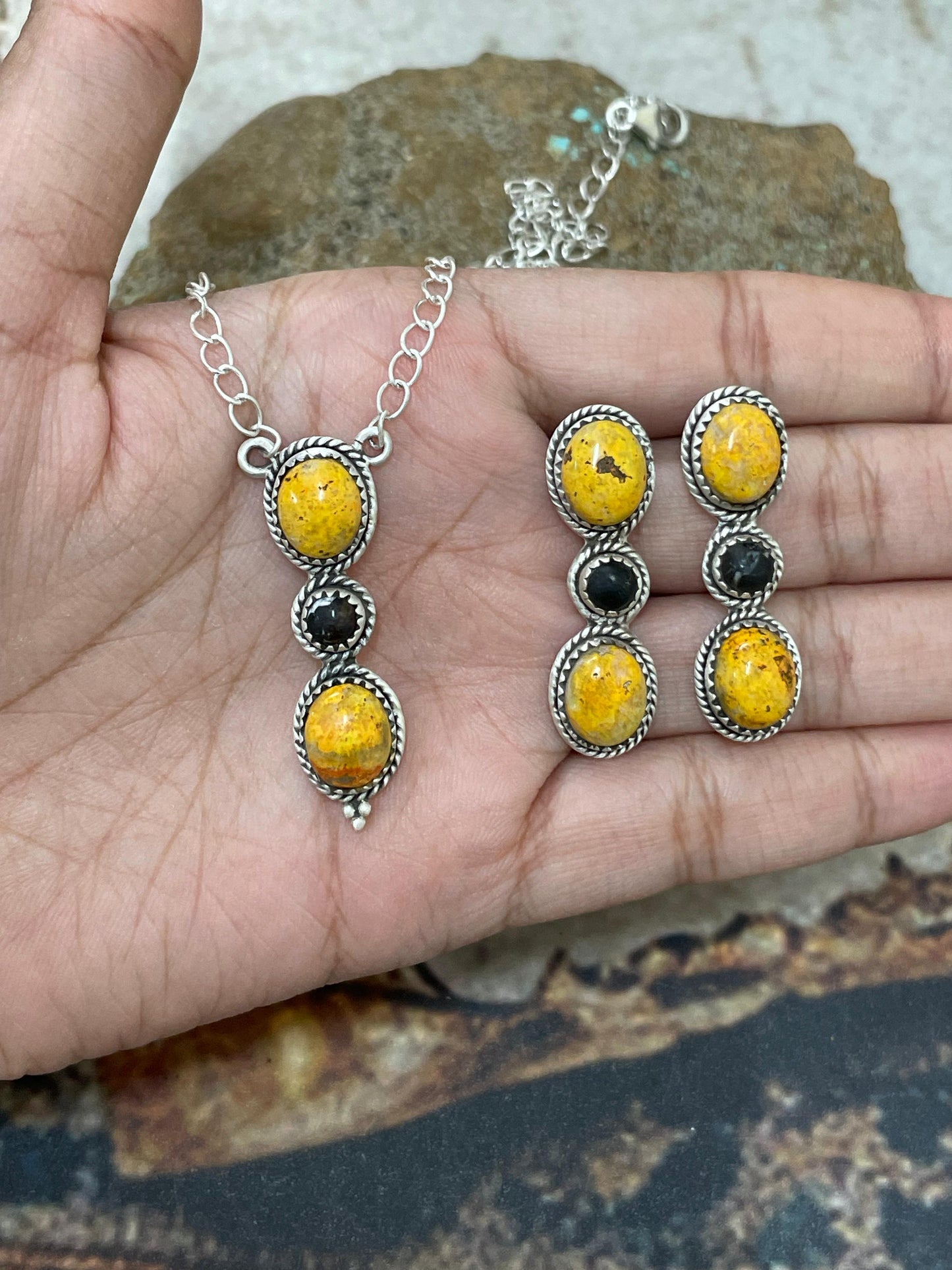 "Halloween Collection" Handmade Sterling Silver Black Onyx, Bumblebee Necklace with Signed Nizhoni