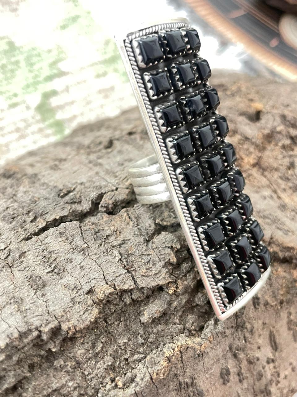 "Halloween Collection" Handmade Sterling Silver Black Onyx Adjustable Ring with Signed Nizhoni