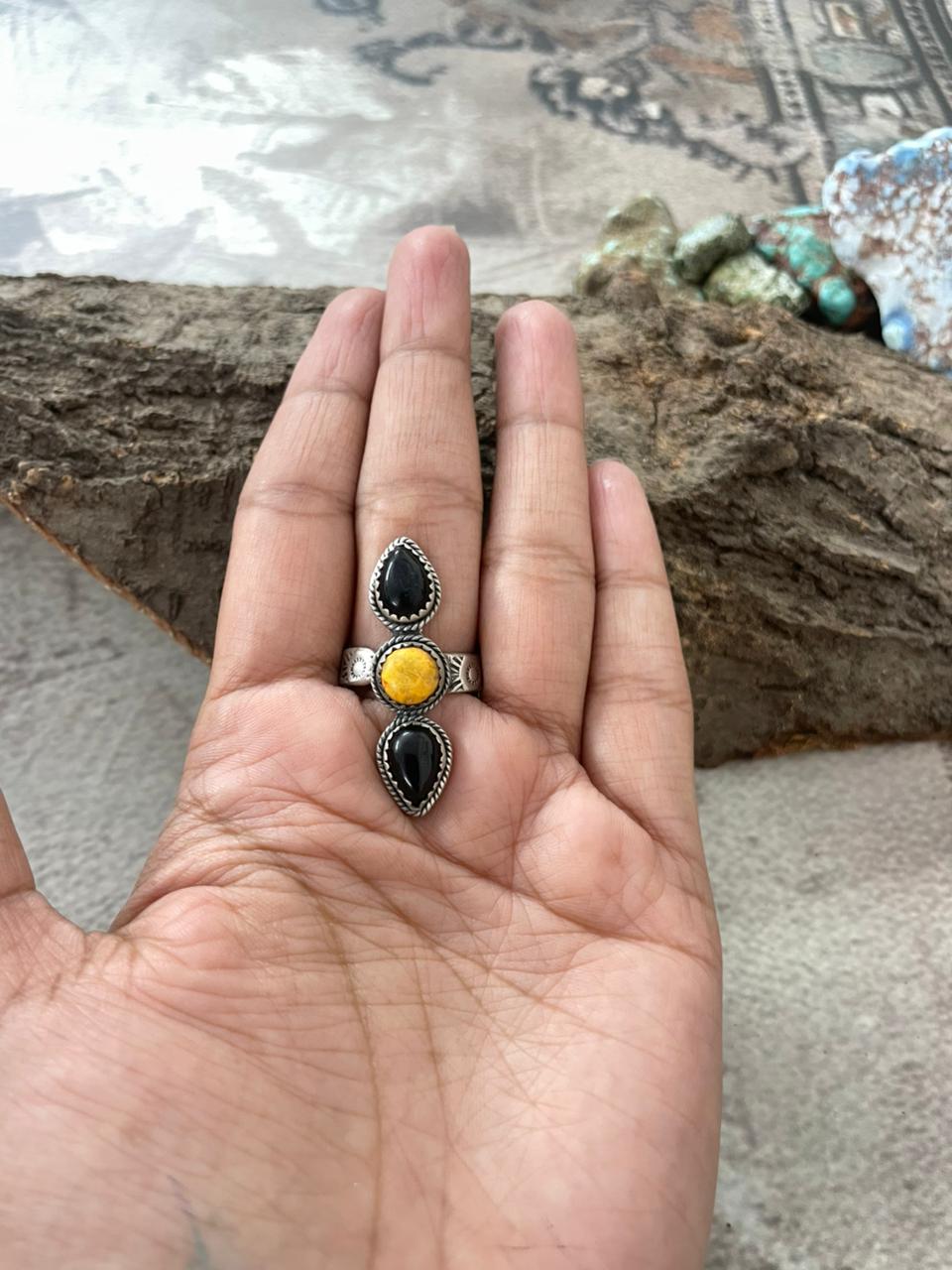 "Halloween Collection" Handmade Sterling Silver Black Onyx, Bumblebee Adjustable Ring with Signed Nizhoni