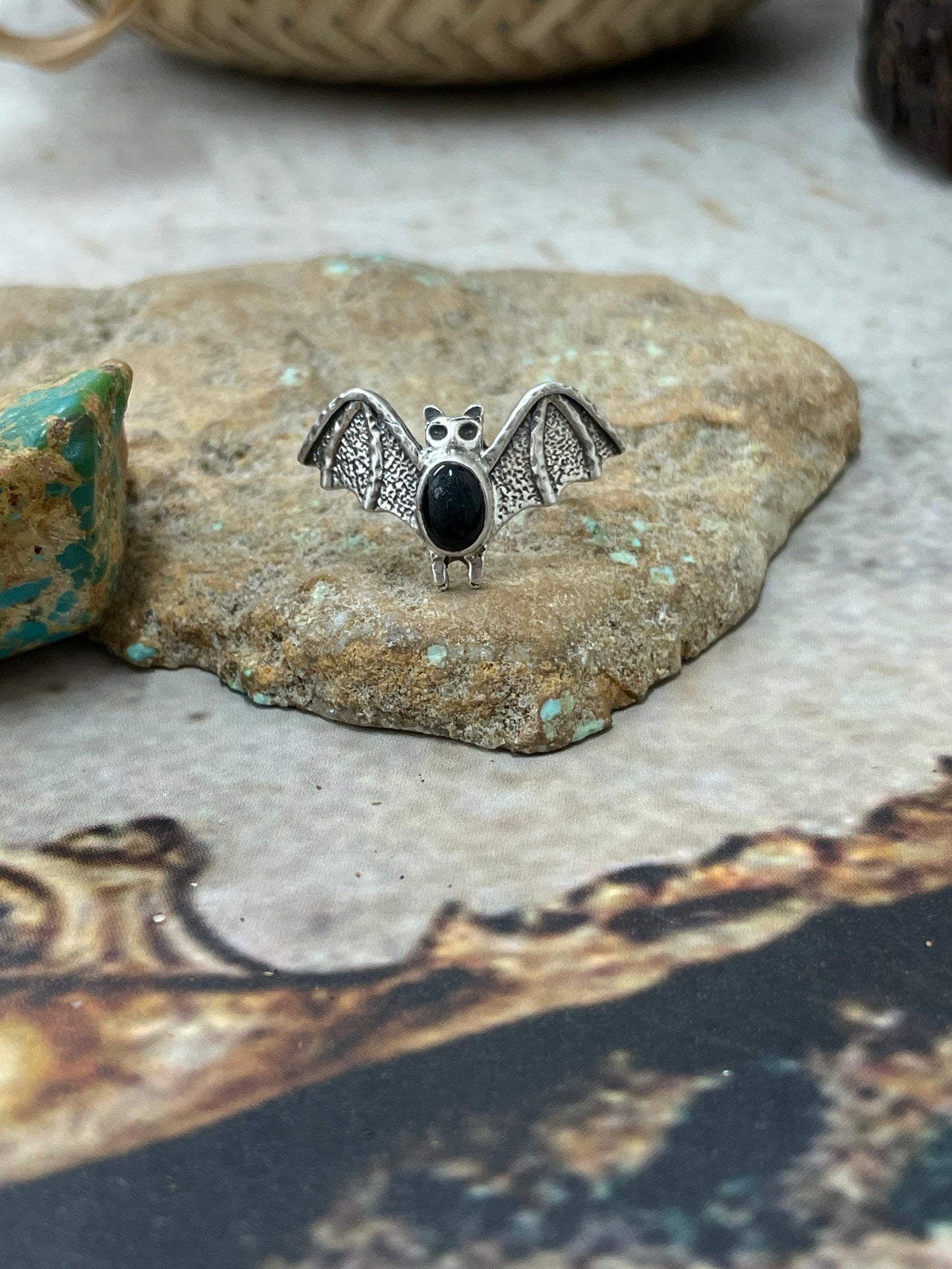 "Halloween Collection" Handmade Sterling Silver Black Onyx Bat Ring with Signed Nizhoni