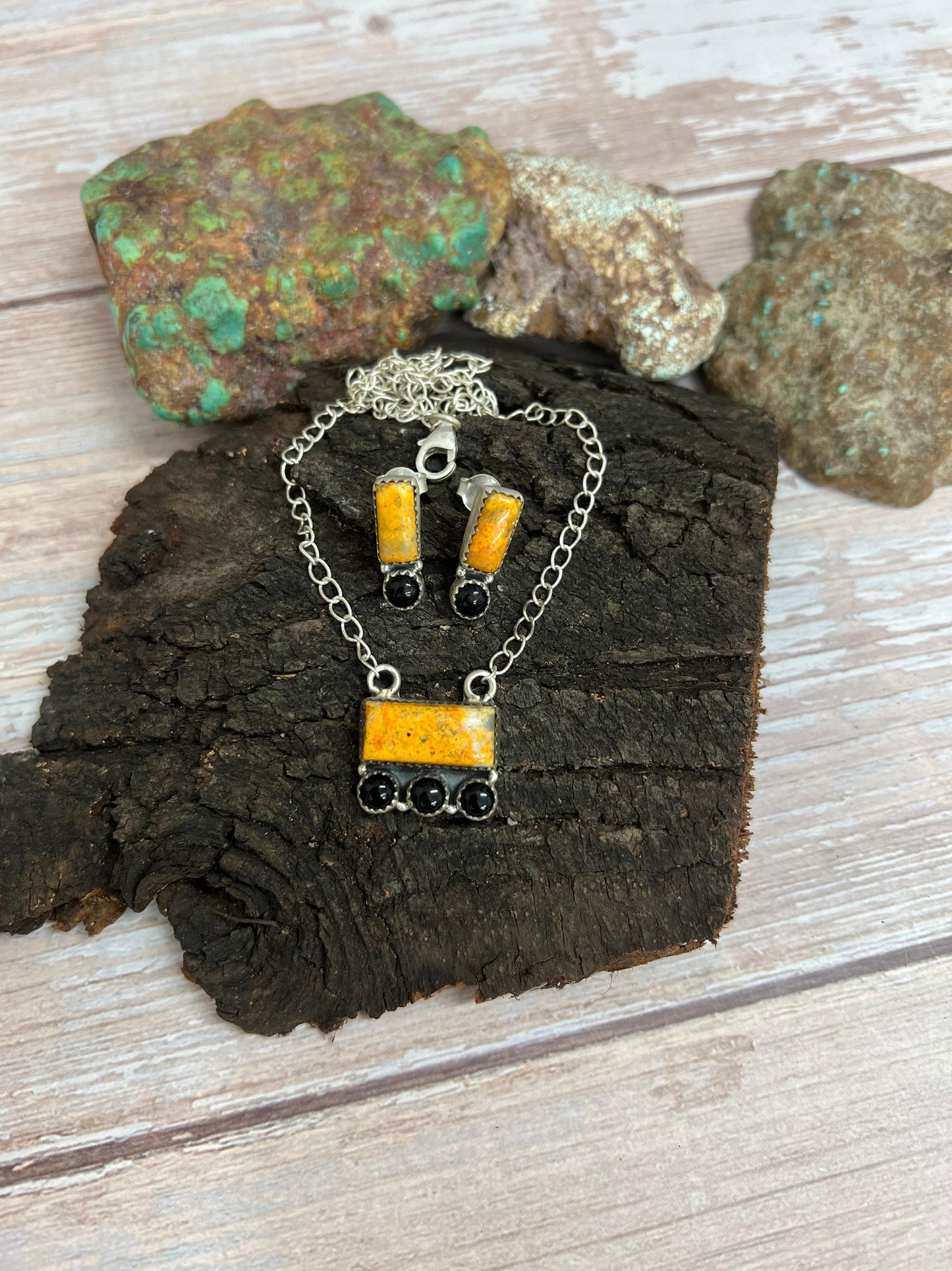 "Halloween Collection" Handmade Sterling Silver Black Onyx, Bumblebee Necklace with Signed Nizhoni