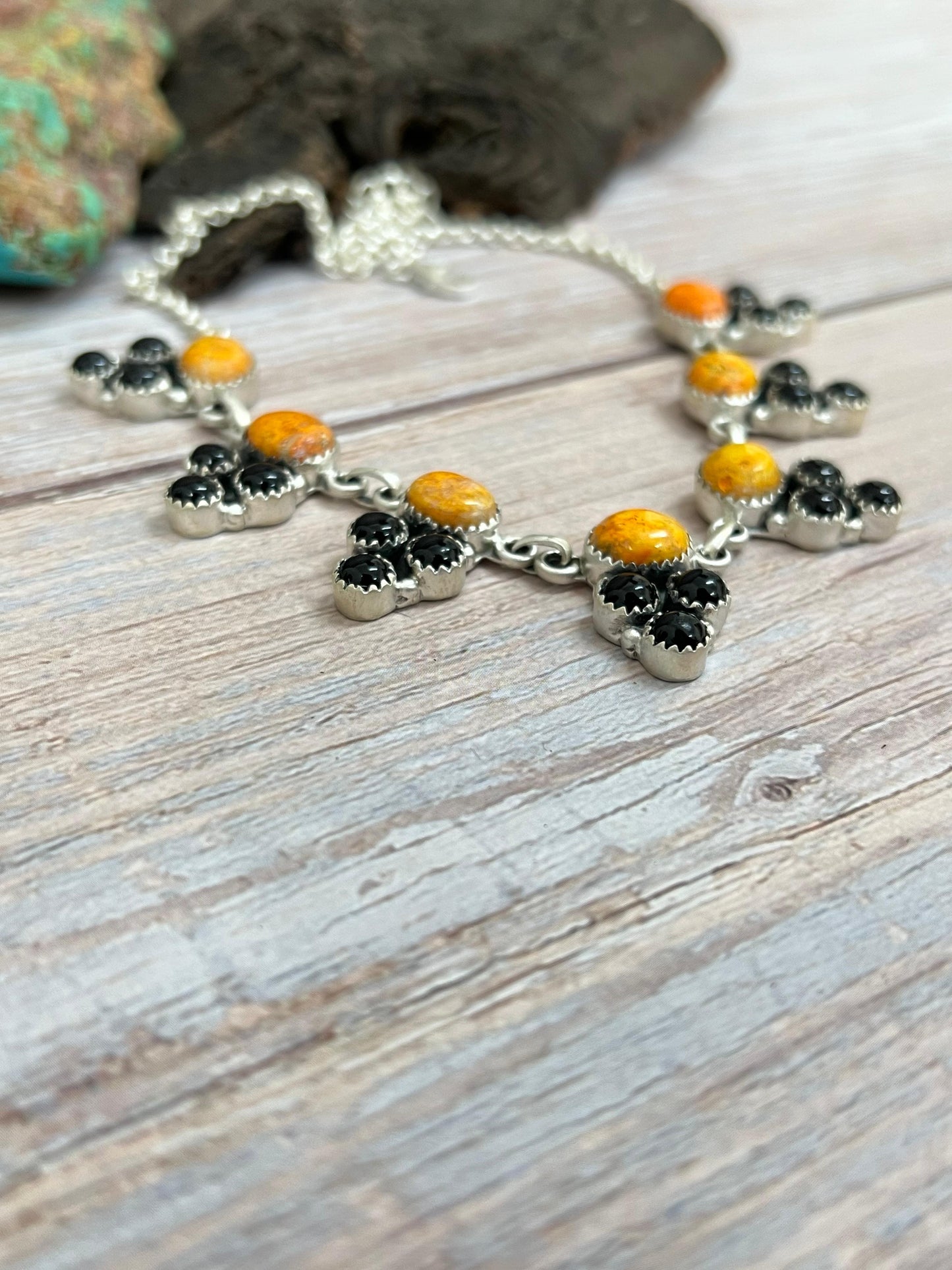 "Halloween Collection" Handmade Sterling Silver Black Onyx, Bumblebee Necklace with Signed Nizhoni