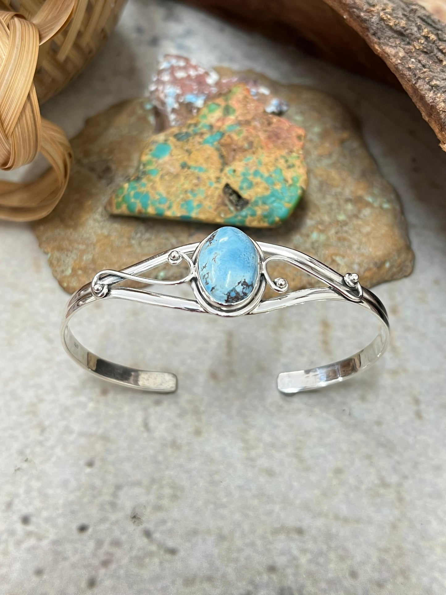 "Halloween Collection" Handmade Sterling Silver Golden Hills Turquoise Cuff Bracelet with Signed Nizhoni