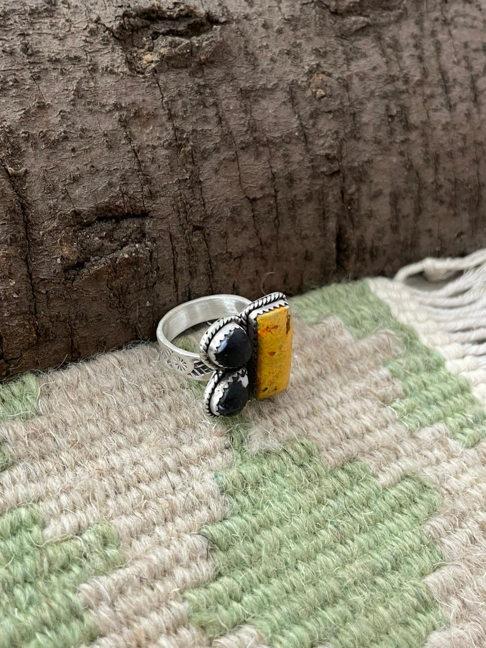 "Halloween Collection" Handmade Sterling Silver Black Onyx, Bumblebee Adjustable Ring with Signed Nizhoni