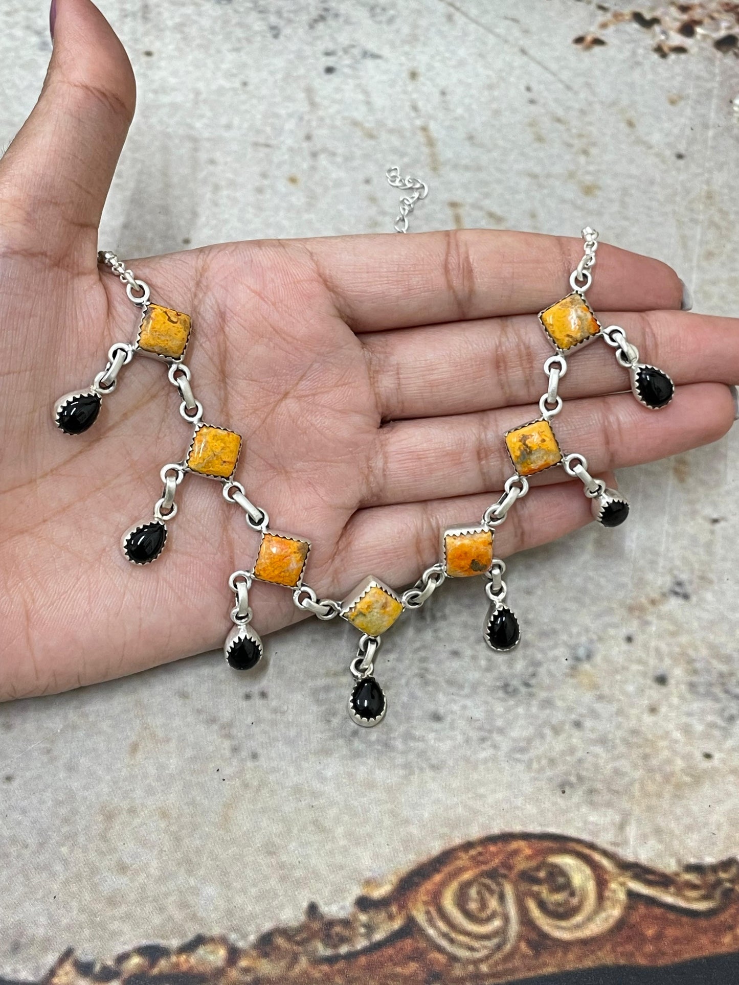 "Halloween Collection" Handmade Sterling Silver Black Onyx, Bumblebee Necklace with Signed Nizhoni