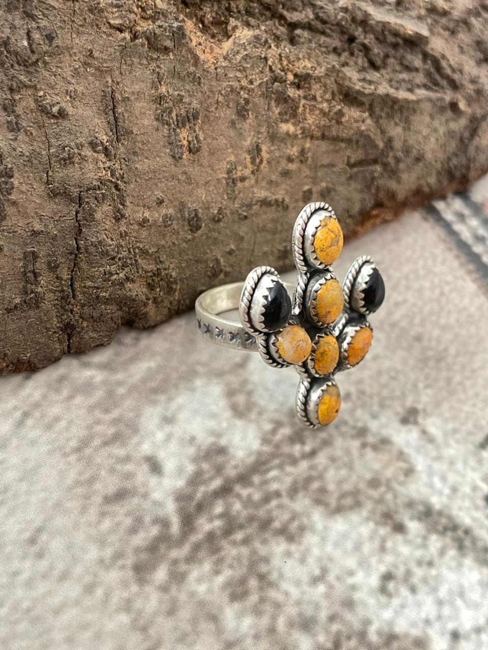 "Halloween Collection" Handmade Sterling Silver Black Onyx, Bumblebee Cactus Adjustable Ring with Signed Nizhoni