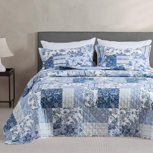 Vintage Blue Patchwork Floral Quilt Set All Season Bedding Kasentex