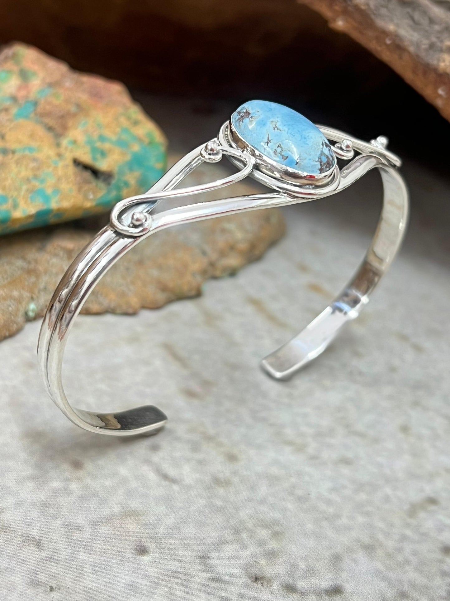 "Halloween Collection" Handmade Sterling Silver Golden Hills Turquoise Cuff Bracelet with Signed Nizhoni