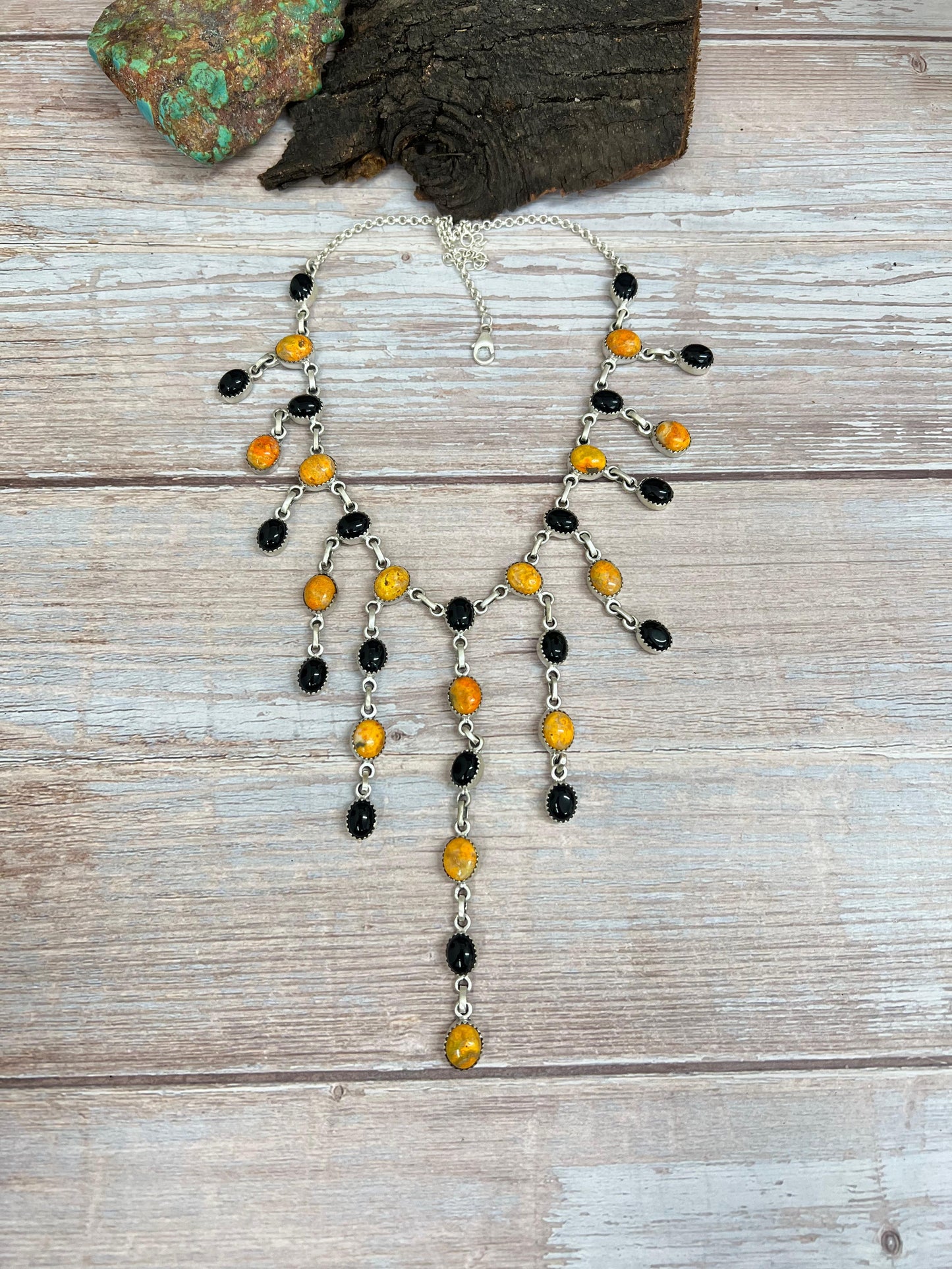 "Halloween Collection" Handmade Sterling Silver Black Onyx, Bumblebee Necklace with Signed Nizhoni