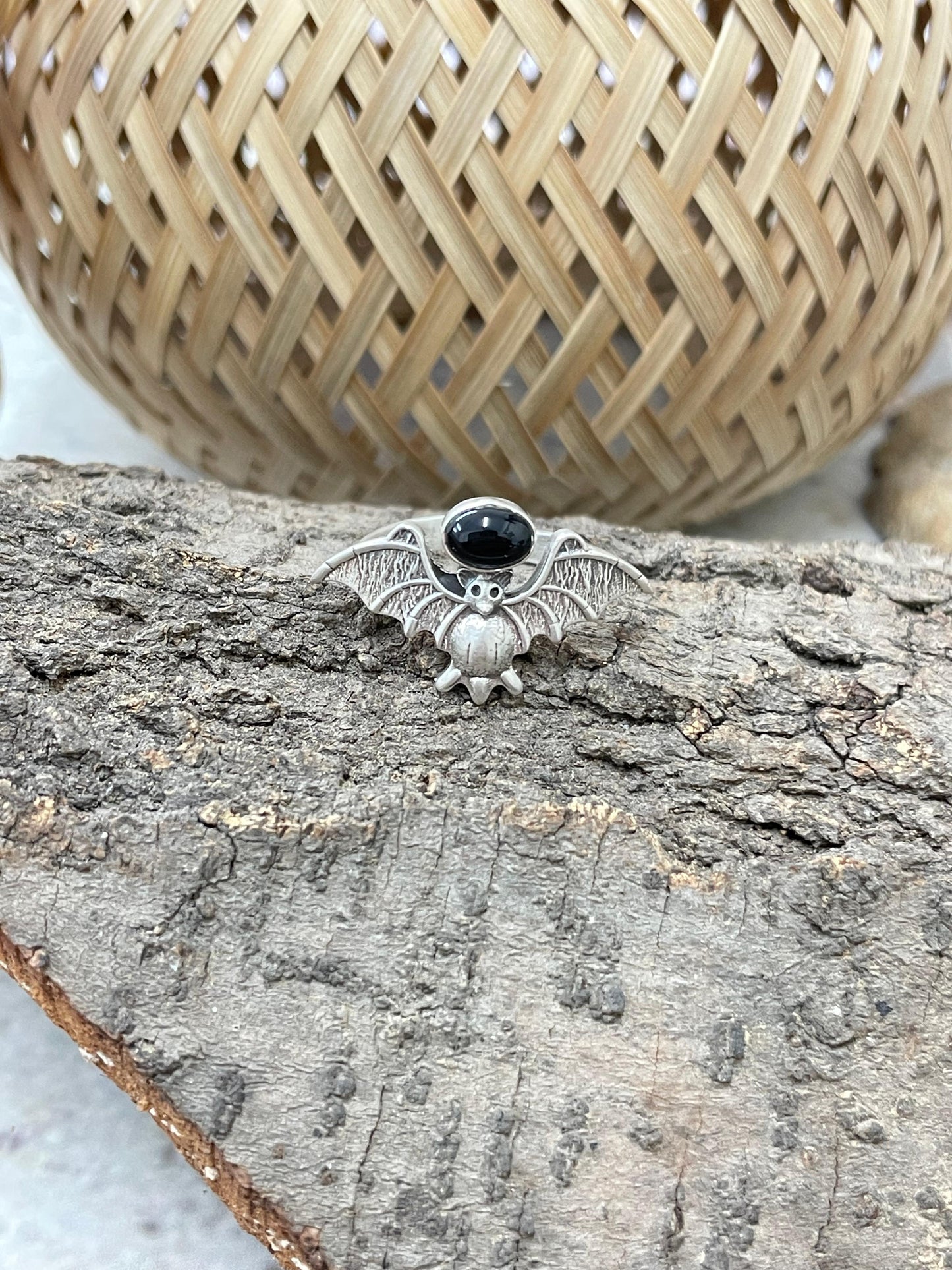 "Halloween Collection" Handmade Sterling Silver Black Onyx Bat Ring with Signed Nizhoni