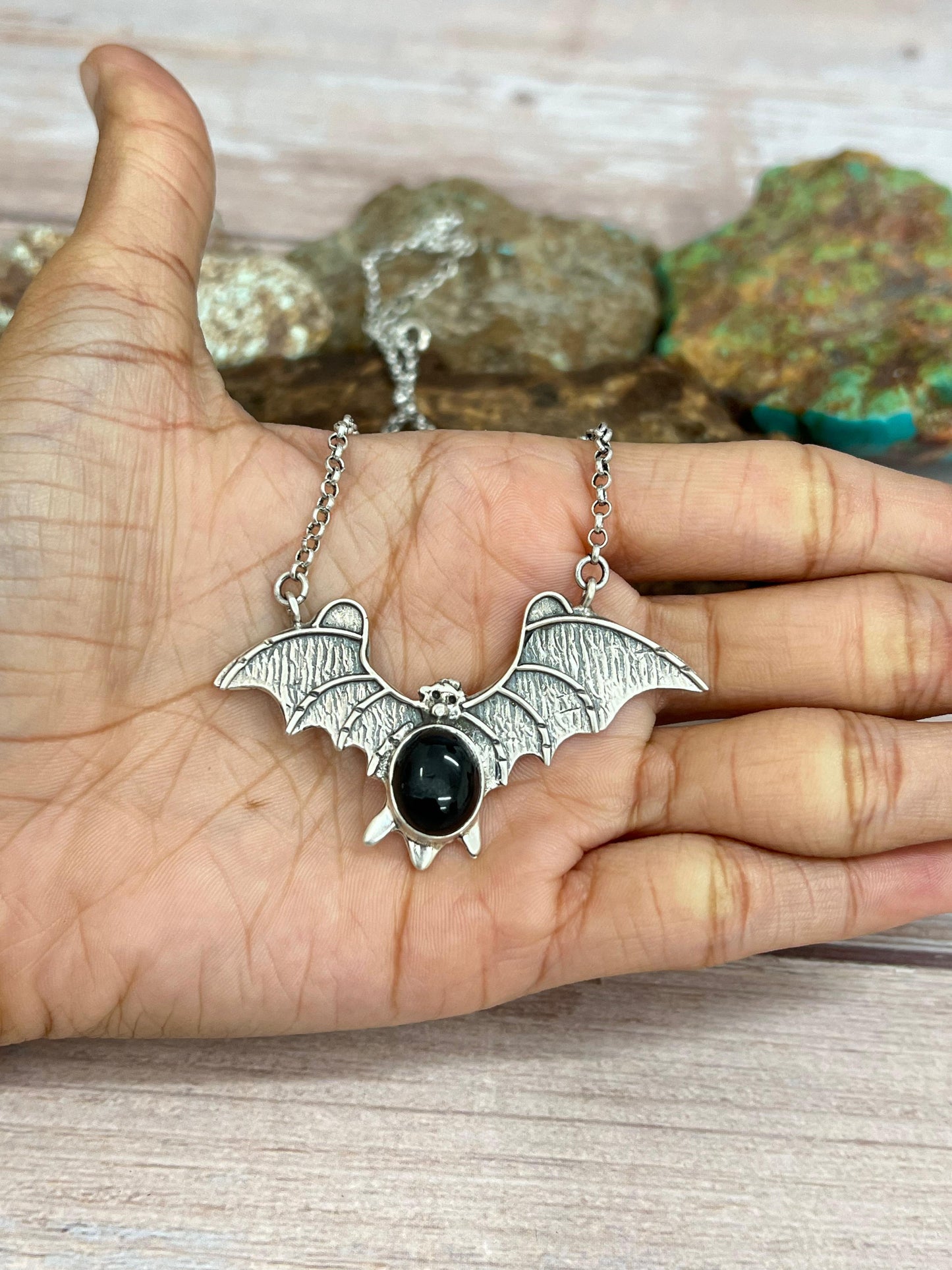 "Halloween Collection" Handmade Sterling Silver Black Onyx Bat Necklace with Signed Nizhoni