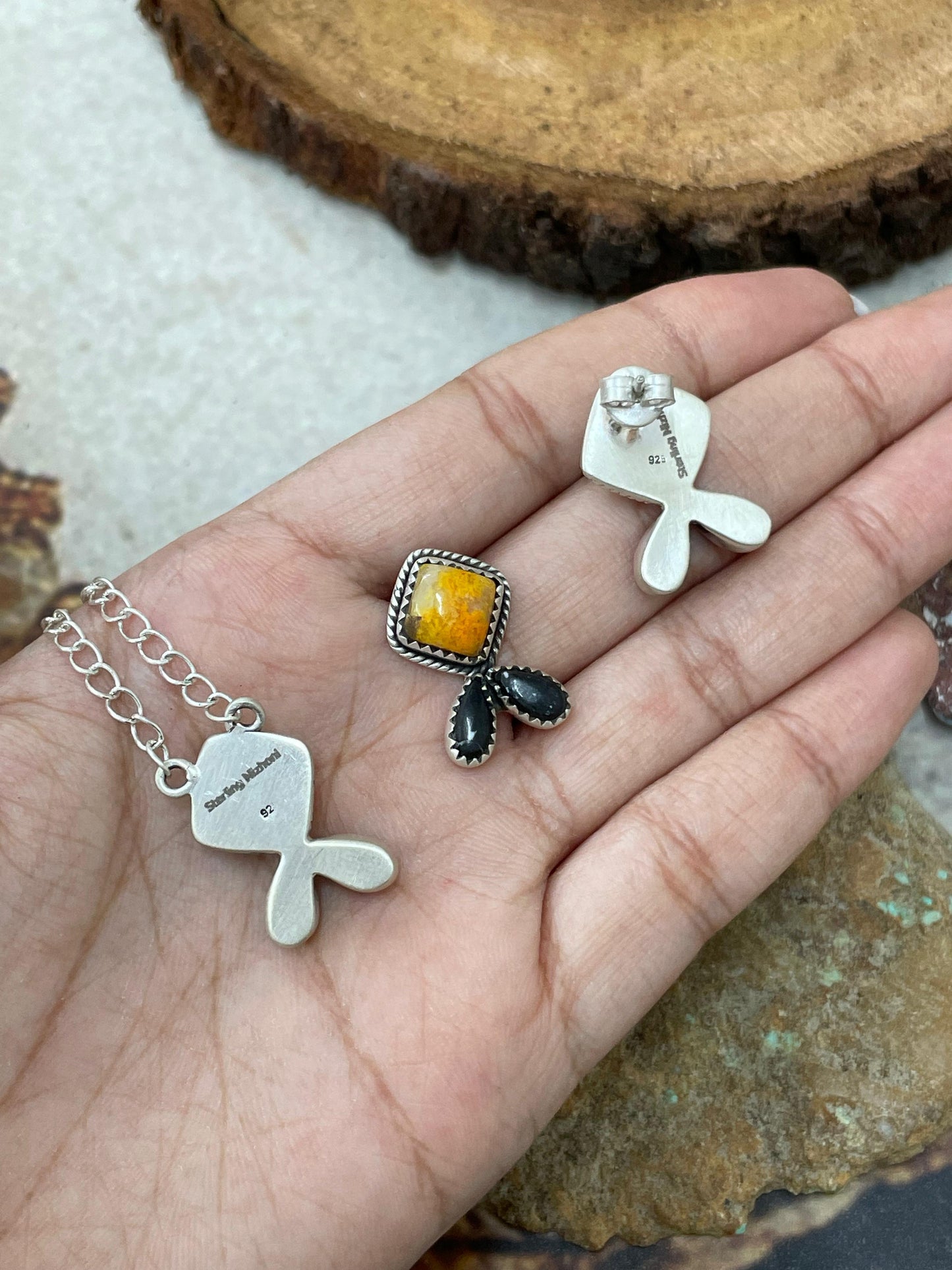 "Halloween Collection" Handmade Sterling Silver Black Onyx, Bumblebee Necklace Earring Set, Signed Nizhoni