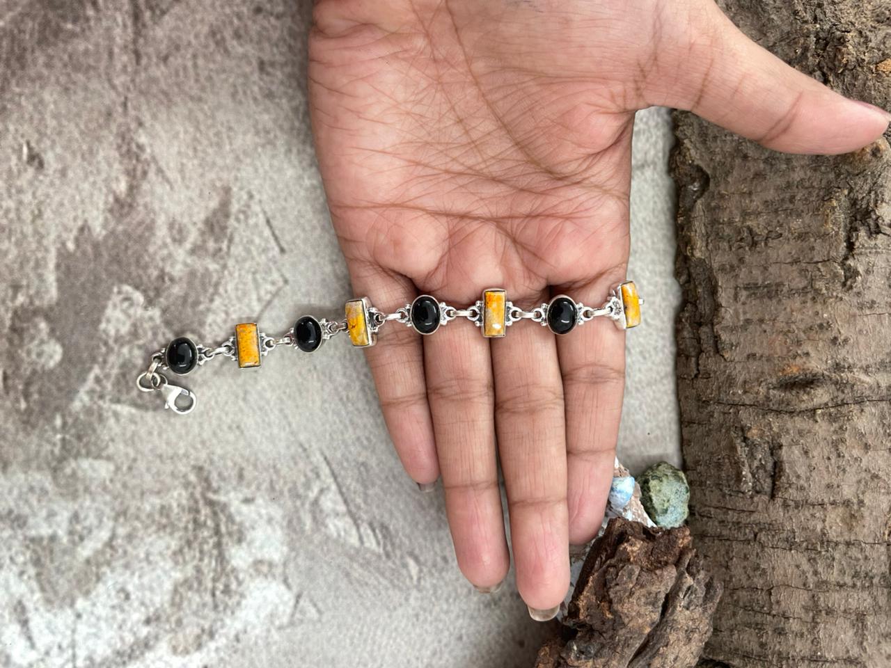 "Halloween Collection" Handmade Sterling Silver Black Onyx, Bumblebee Chain Bracelet with Signed Nizhoni