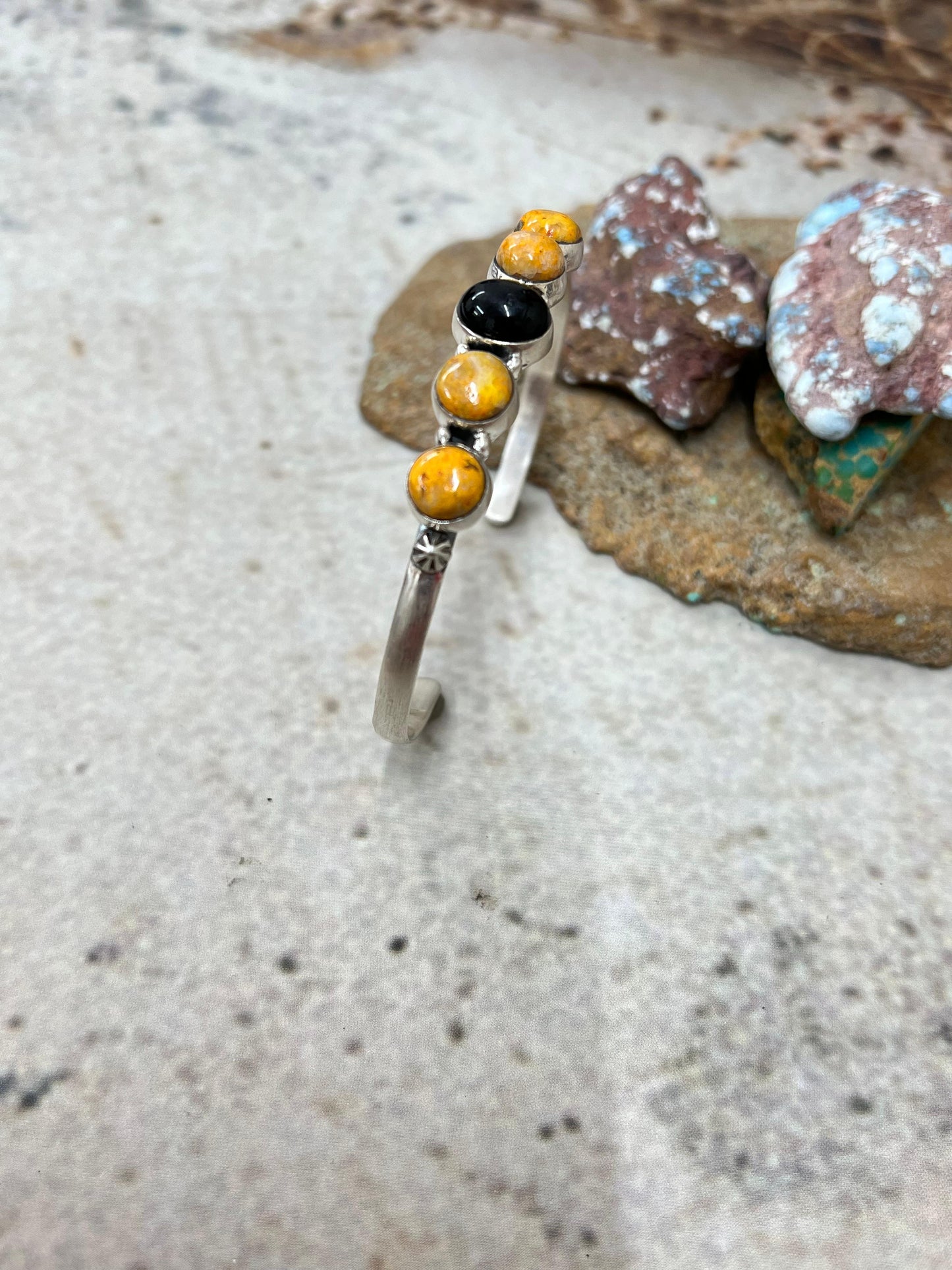 "Halloween Collection" Handmade Sterling Silver Black Onyx, Bumblebee Cuff Bracelet with Signed Nizhoni