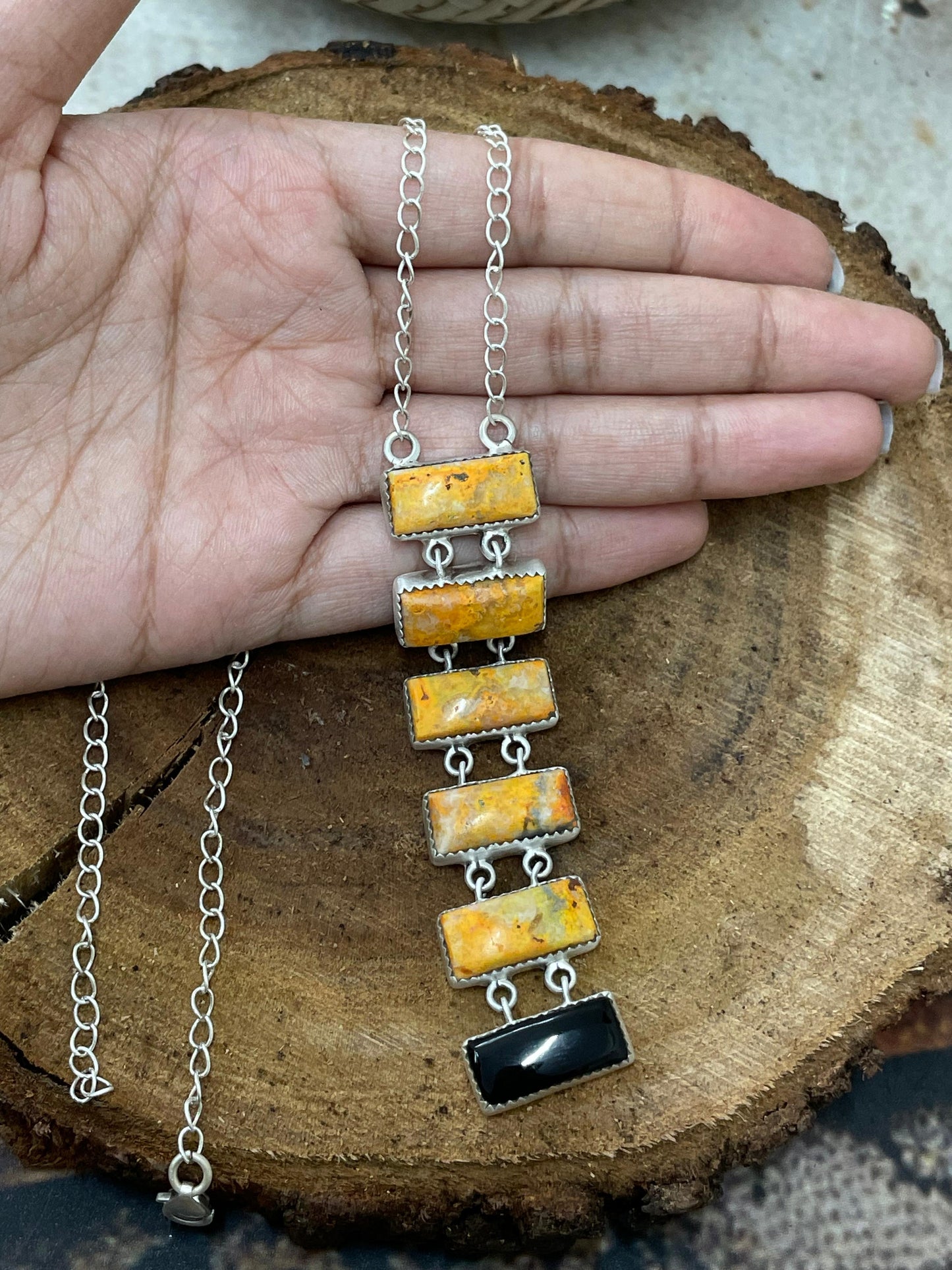 "Halloween Collection" Handmade Sterling Silver Black Onyx, Bumblebee Necklace with Signed Nizhoni