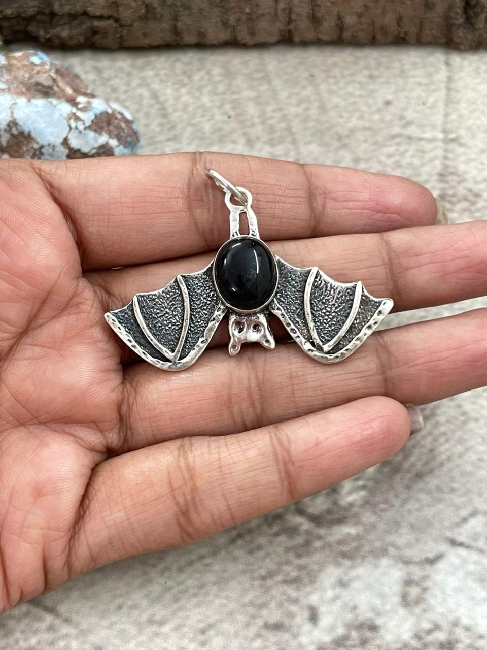 "Halloween Collection" Handmade Sterling Silver Black Onyx Bat Pendant with Signed Nizhoni