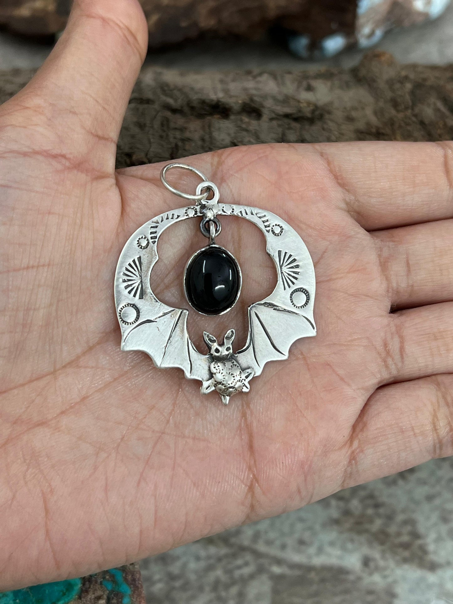 "Halloween Collection" Handmade Sterling Silver Black Onyx Bat Pendant with Signed Nizhoni