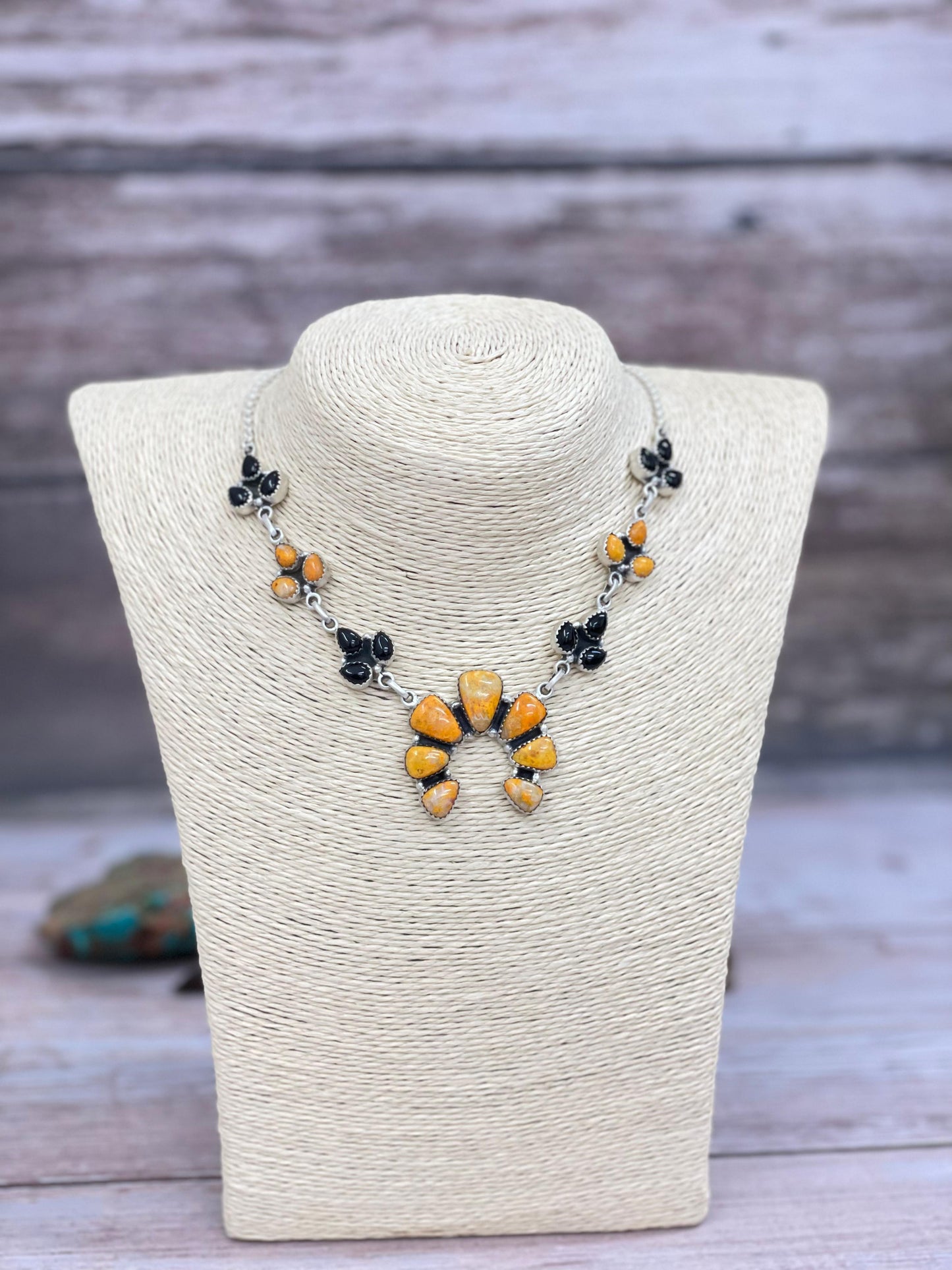 "Halloween Collection" Handmade Sterling Silver Black Onyx, Bumblebee Naja Necklace with Signed Nizhoni