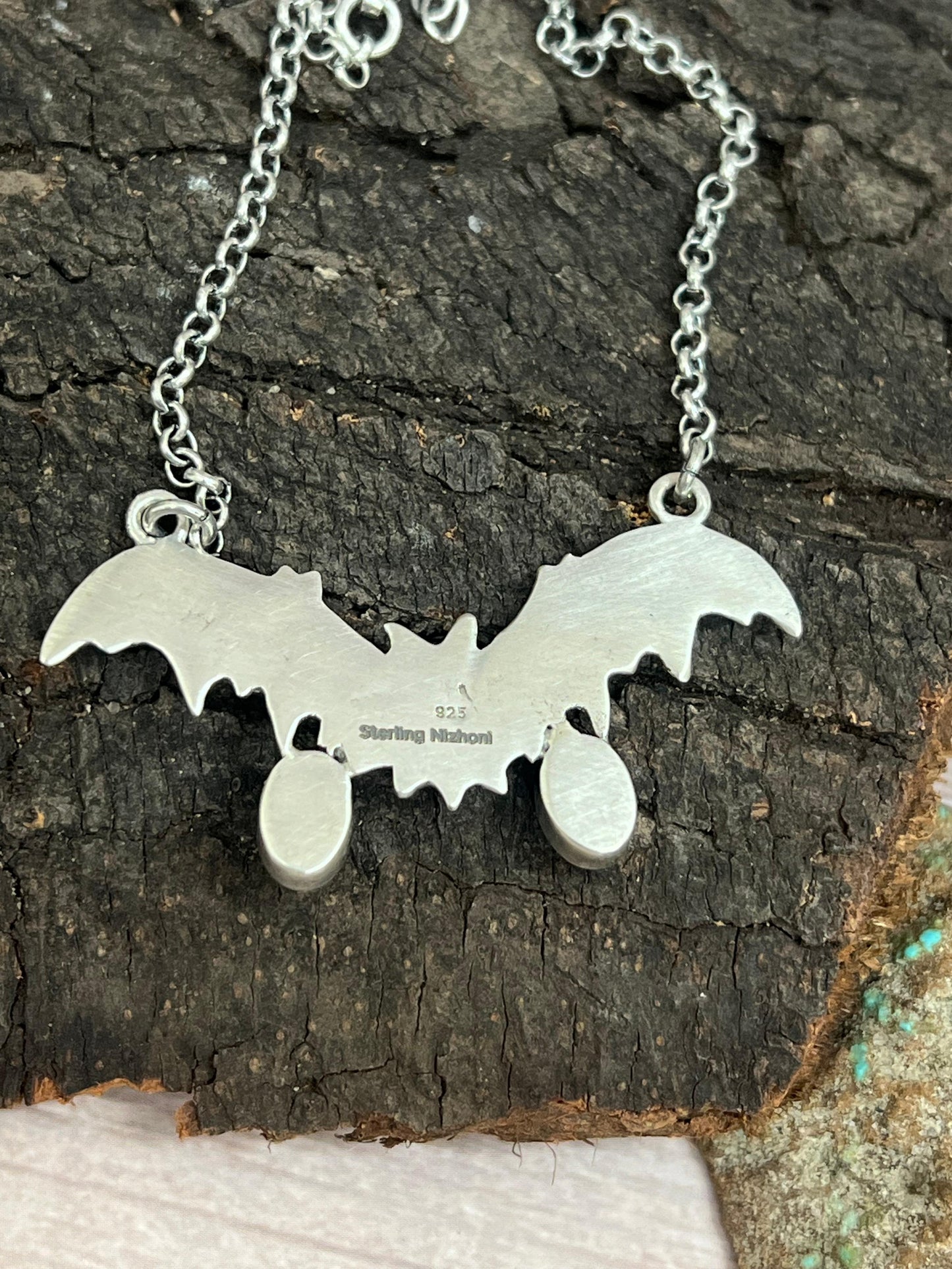 "Halloween Collection" Handmade Sterling Silver Black Onyx Bat Necklace with Signed Nizhoni