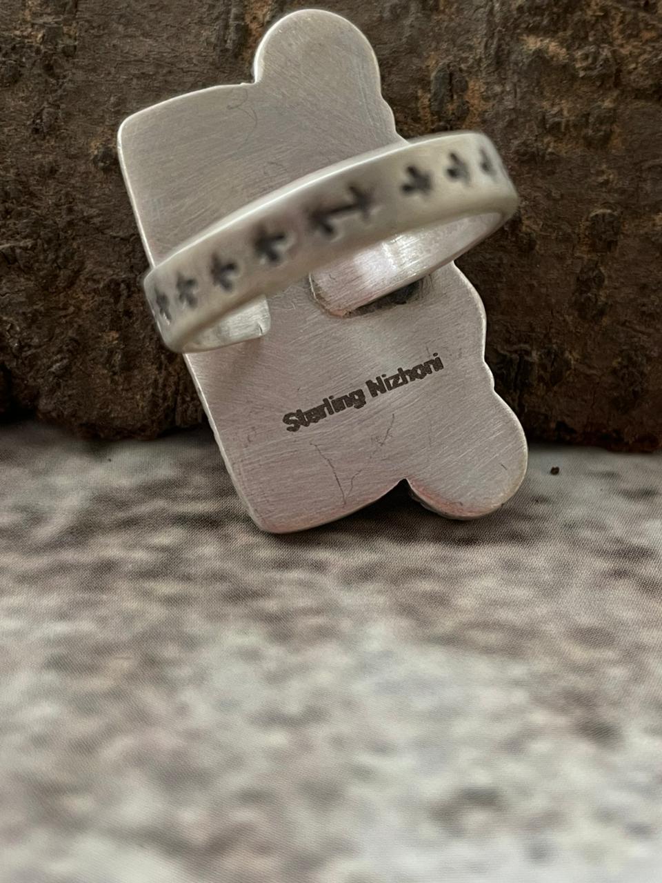 "Halloween Collection" Handmade Sterling Silver Black Onyx, Bumblebee Adjustable Ring with Signed Nizhoni