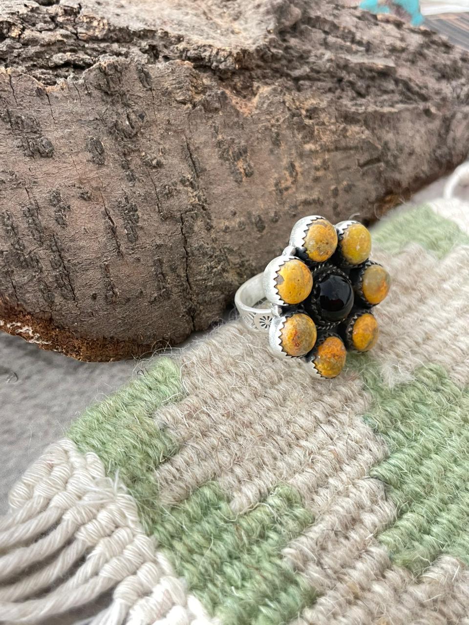 "Halloween Collection" Handmade Sterling Silver Black Onyx, Bumblebee Adjustable Ring with Signed Nizhoni