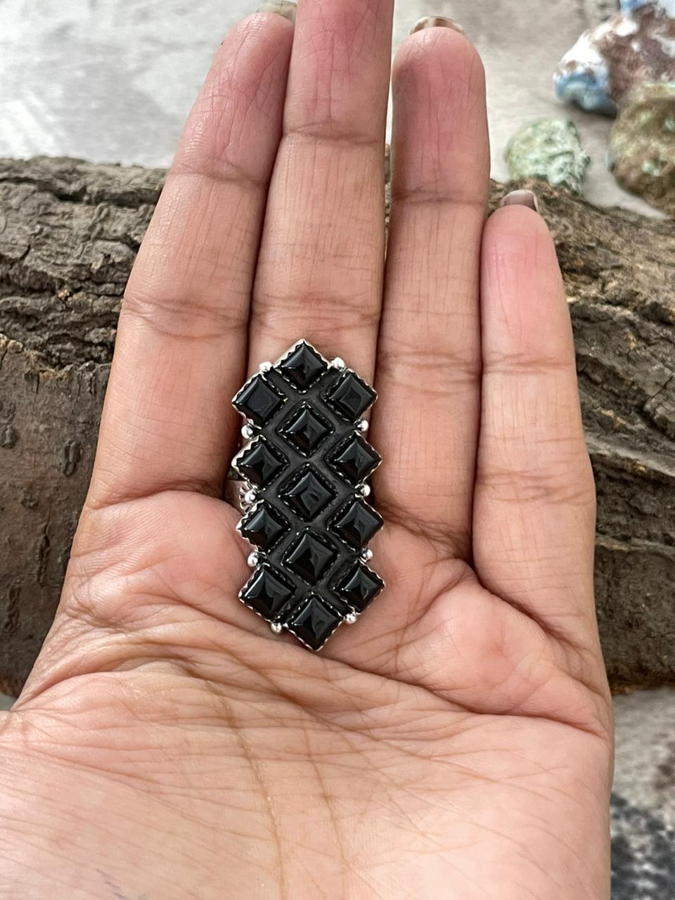 "Halloween Collection" Handmade Sterling Silver Black Onyx Adjustable Ring with Signed Nizhoni