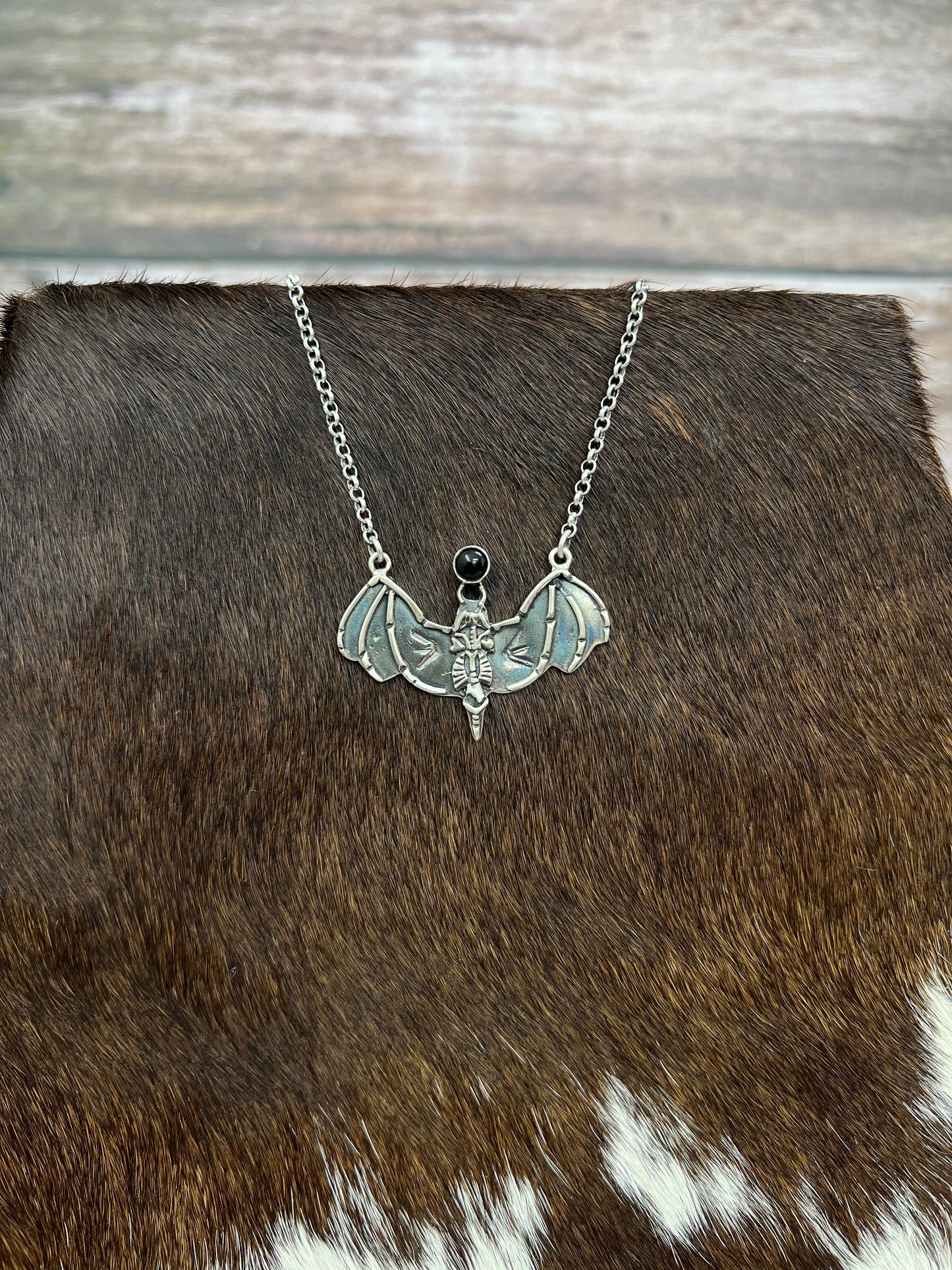 "Halloween Collection" Handmade Sterling Silver Black Onyx Bat Necklace with Signed Nizhoni