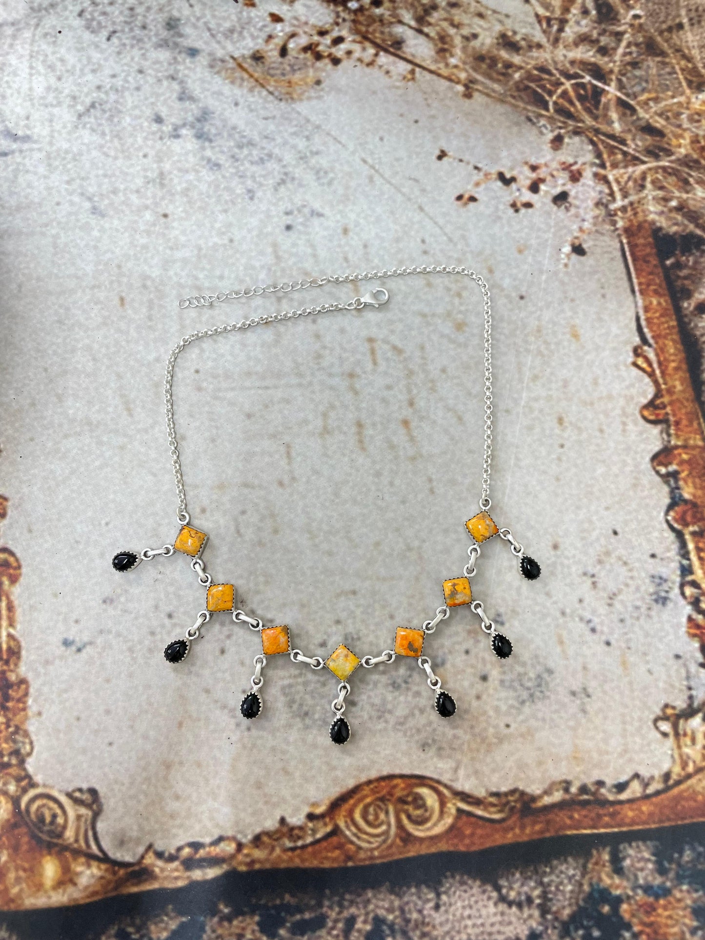 "Halloween Collection" Handmade Sterling Silver Black Onyx, Bumblebee Necklace with Signed Nizhoni