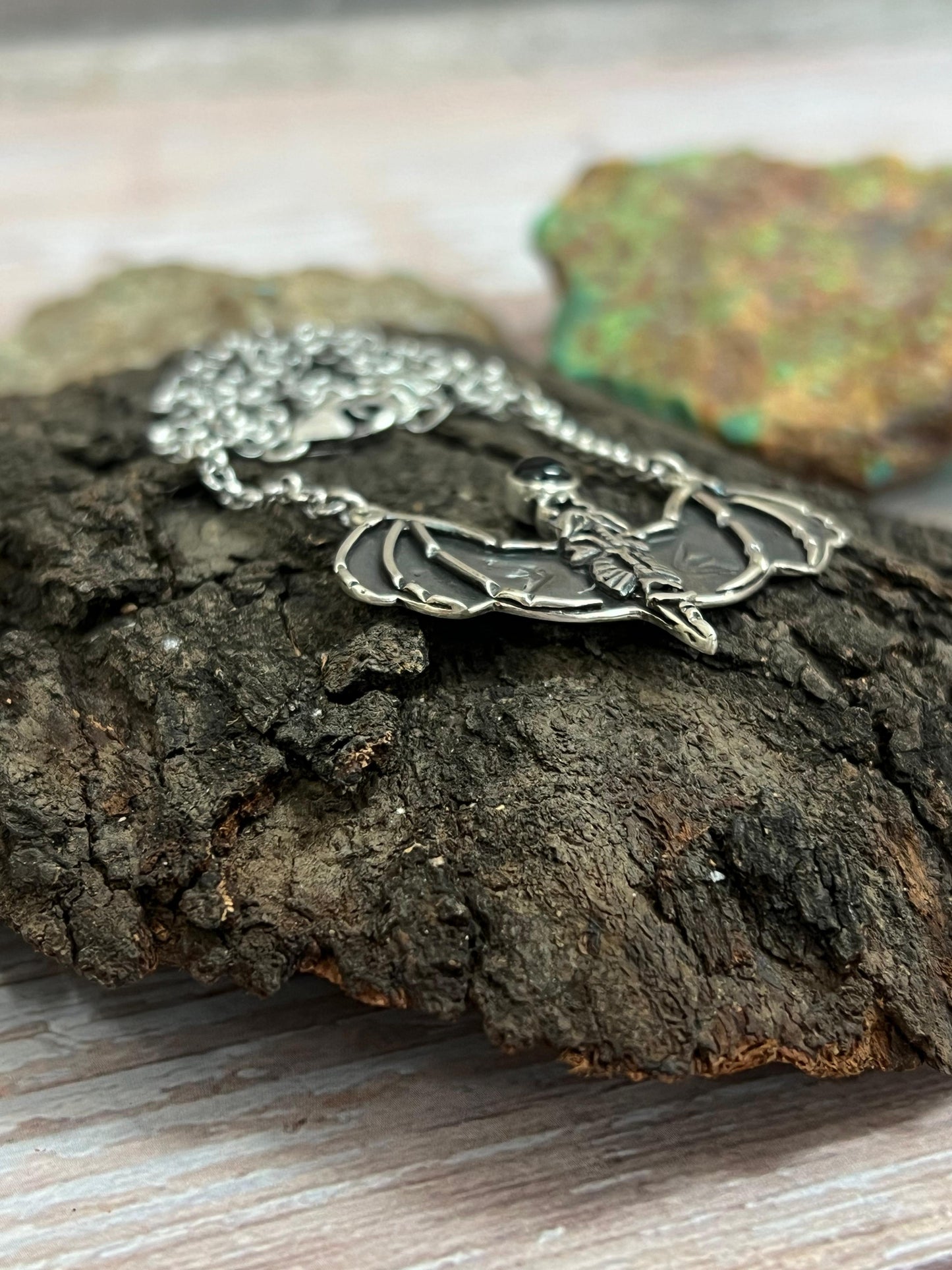 "Halloween Collection" Handmade Sterling Silver Black Onyx Bat Necklace with Signed Nizhoni