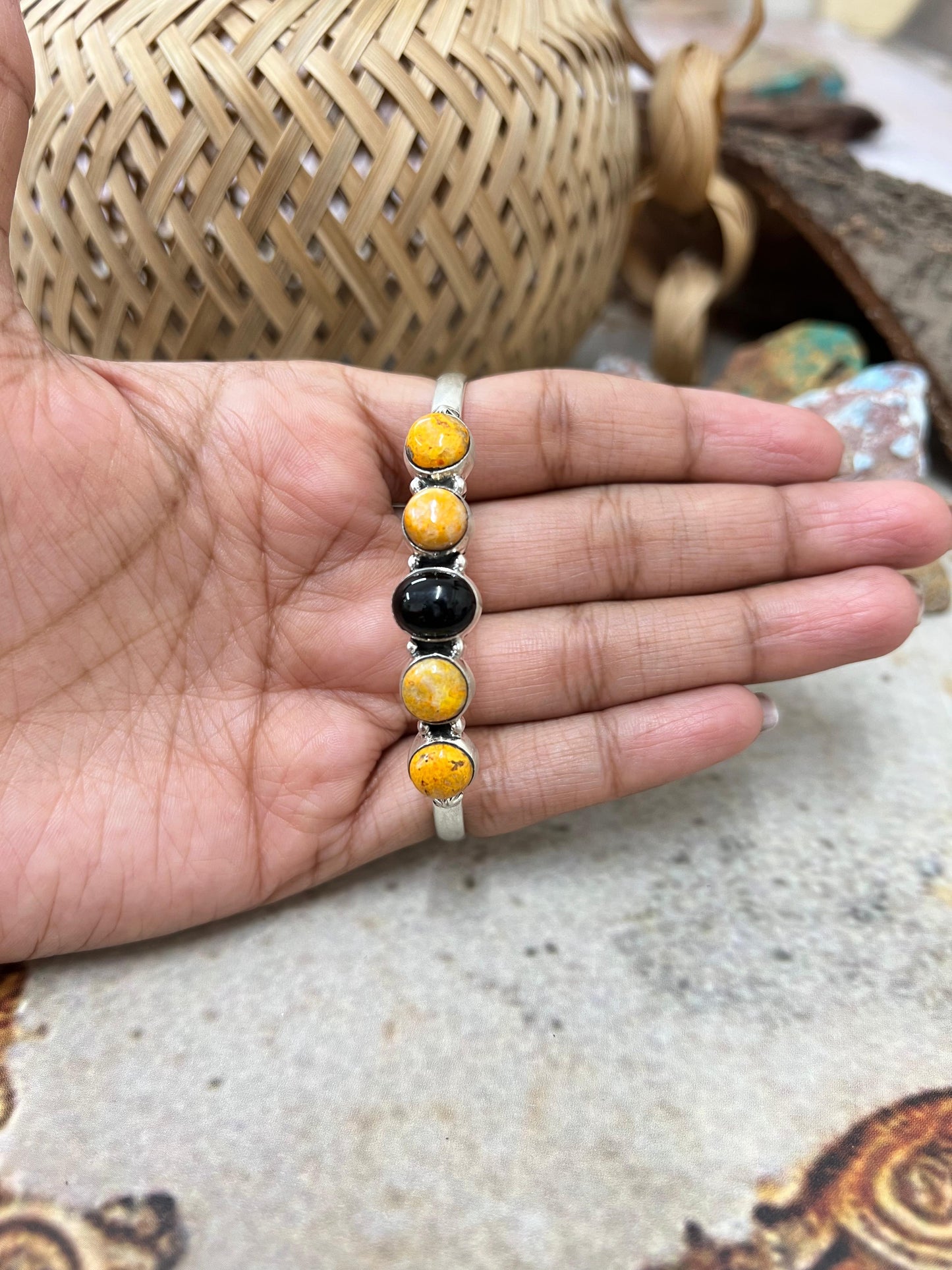 "Halloween Collection" Handmade Sterling Silver Black Onyx, Bumblebee Cuff Bracelet with Signed Nizhoni